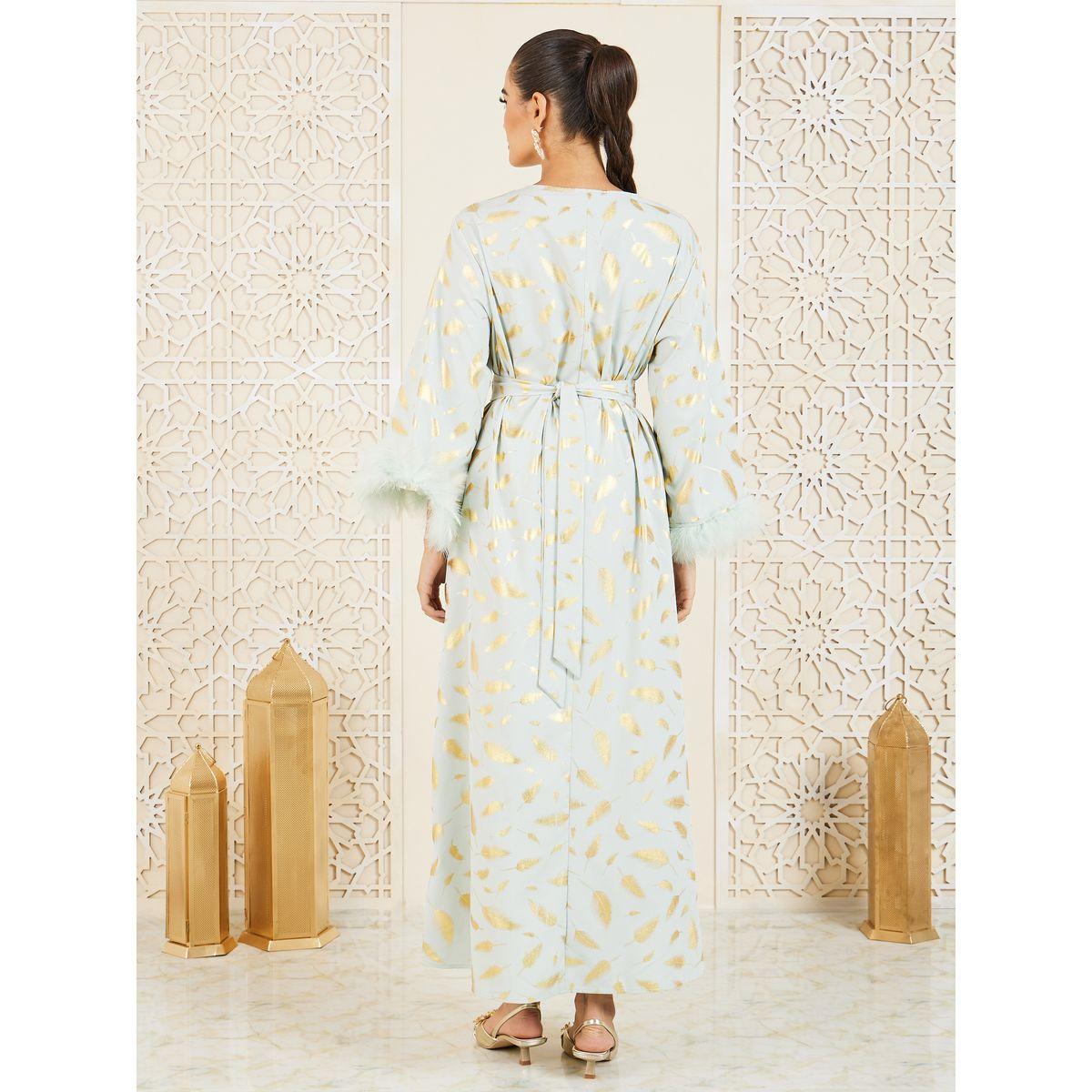 Styli Foil Print Faux Fur Trim Sleeves Jalabiya with Lace Belt-women-arabicclothing-jalabiyas-image-4