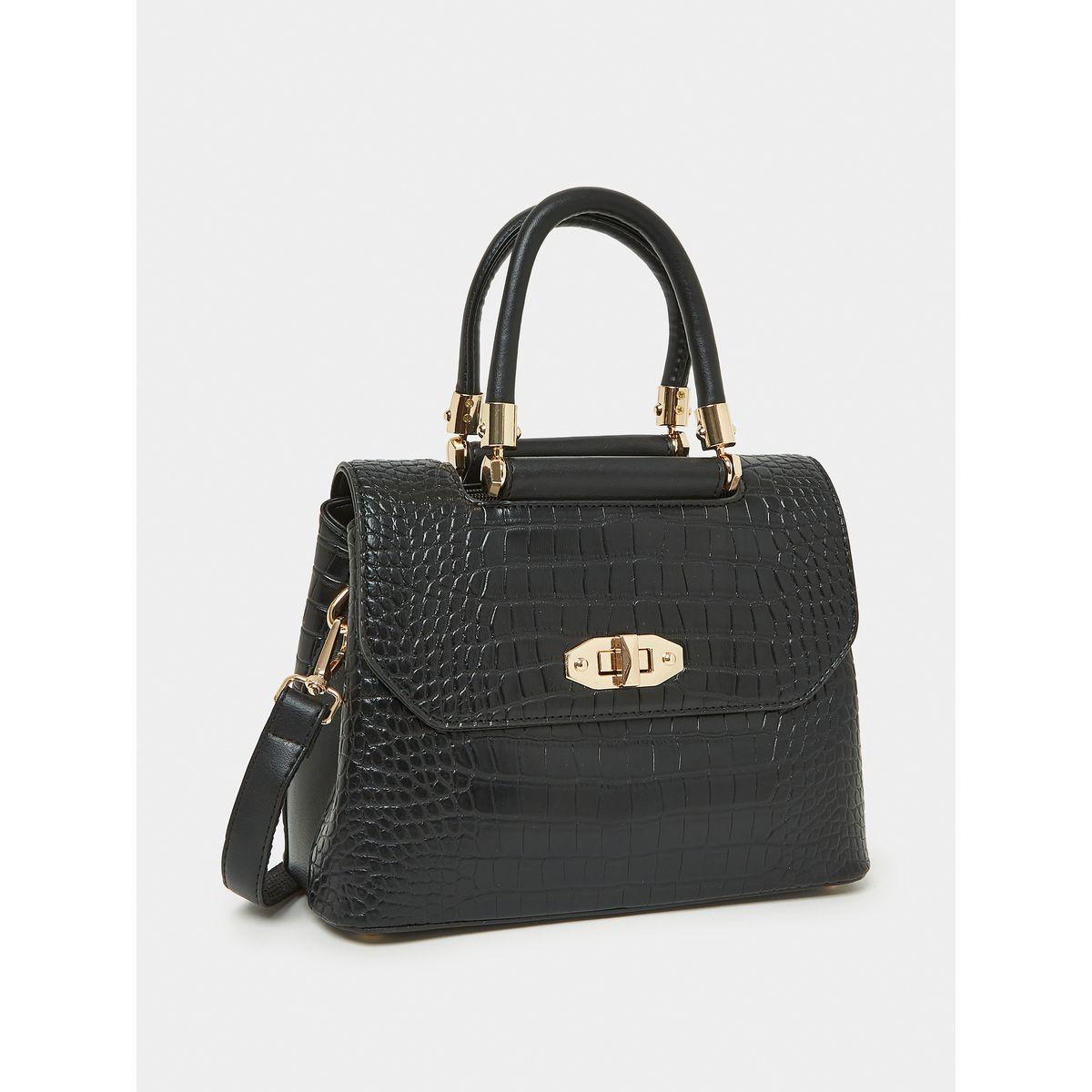 Styli Croc Textured Handbag with Turn Lock Closure-women-bagsandwallets-handbags-image-1