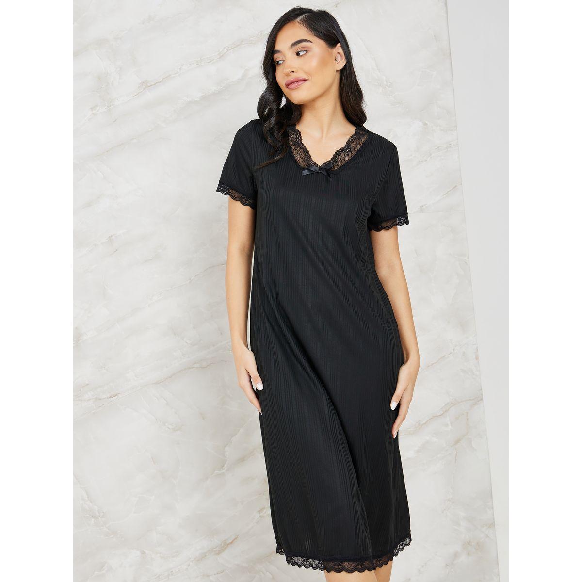 Styli Unwind V Neck Lace Trim & Rib Nightdress-women-clothing-nightwear-nighties-image-1