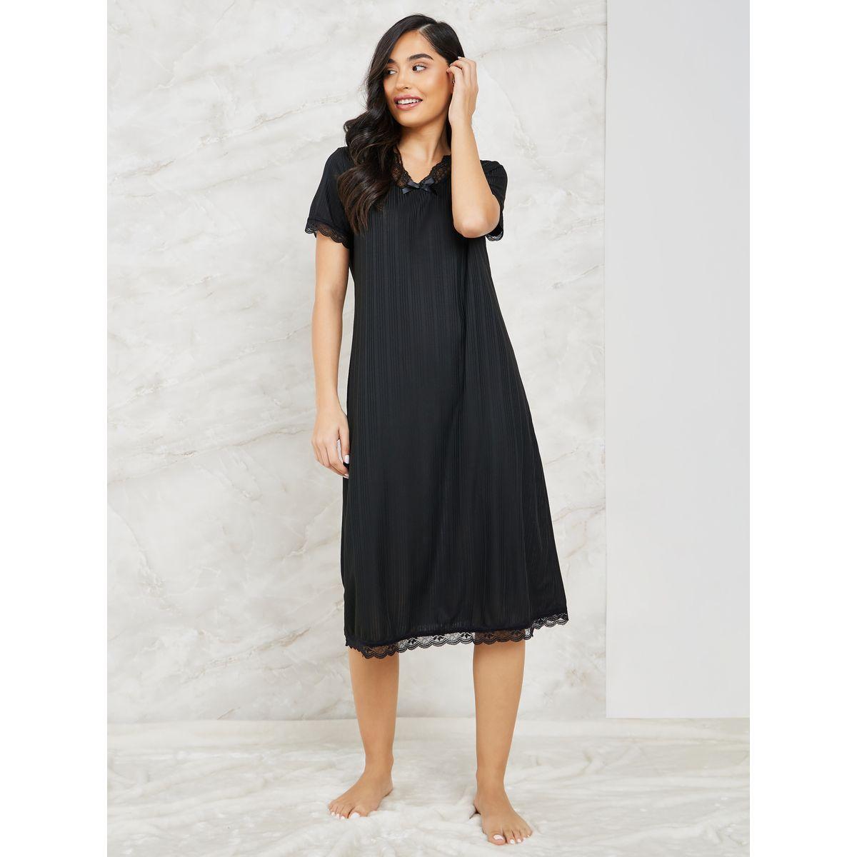 Styli Unwind V Neck Lace Trim & Rib Nightdress-women-clothing-nightwear-nighties-image-2
