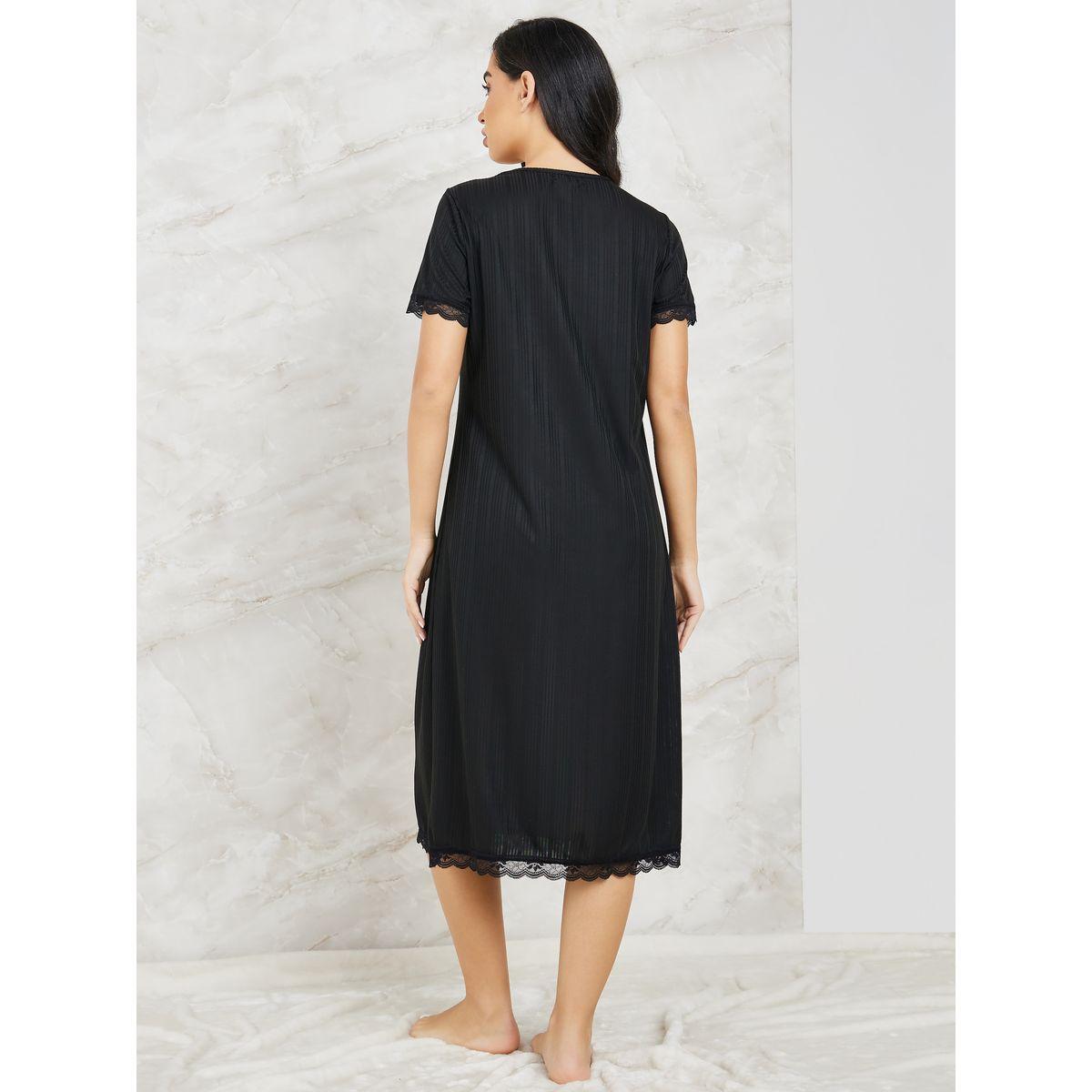 Styli Unwind V Neck Lace Trim & Rib Nightdress-women-clothing-nightwear-nighties-image-4