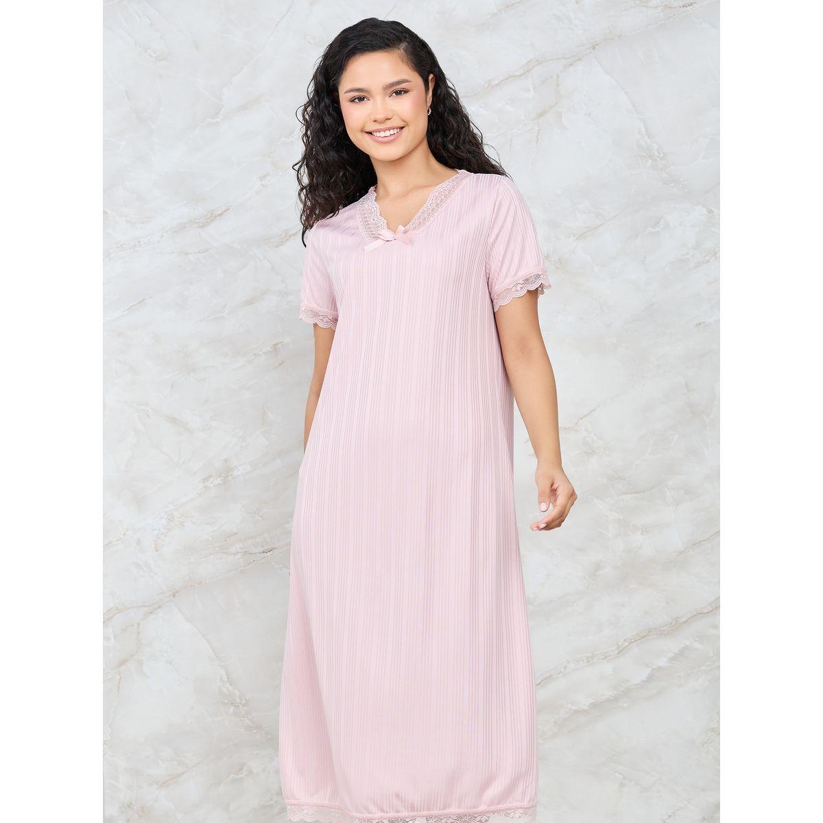 Styli Unwind V Neck Lace Trim Rib Nightdress-women-clothing-nightwear-nighties-image-2