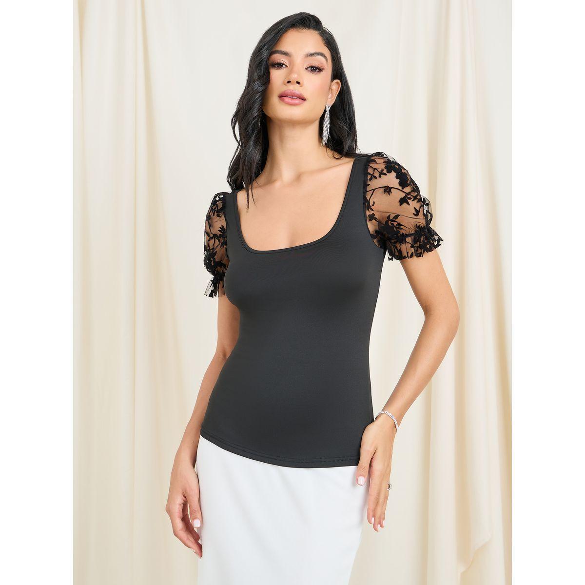 Styli Floral Mesh Insert Sleeves Square Neck Fitted Top-women-clothing-shirtsandblouses-blouses-image-3