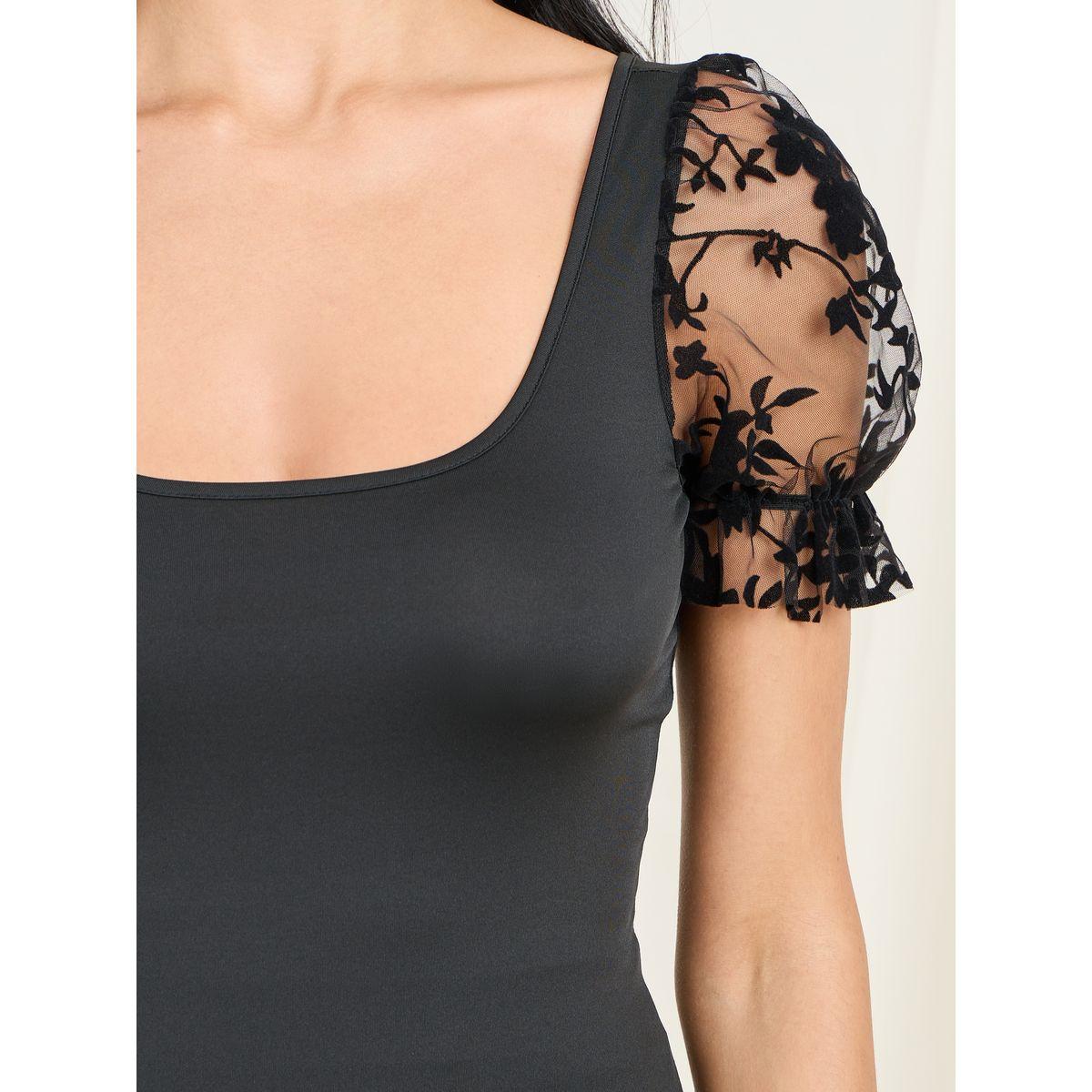 Styli Floral Mesh Insert Sleeves Square Neck Fitted Top-women-clothing-shirtsandblouses-blouses-image-4