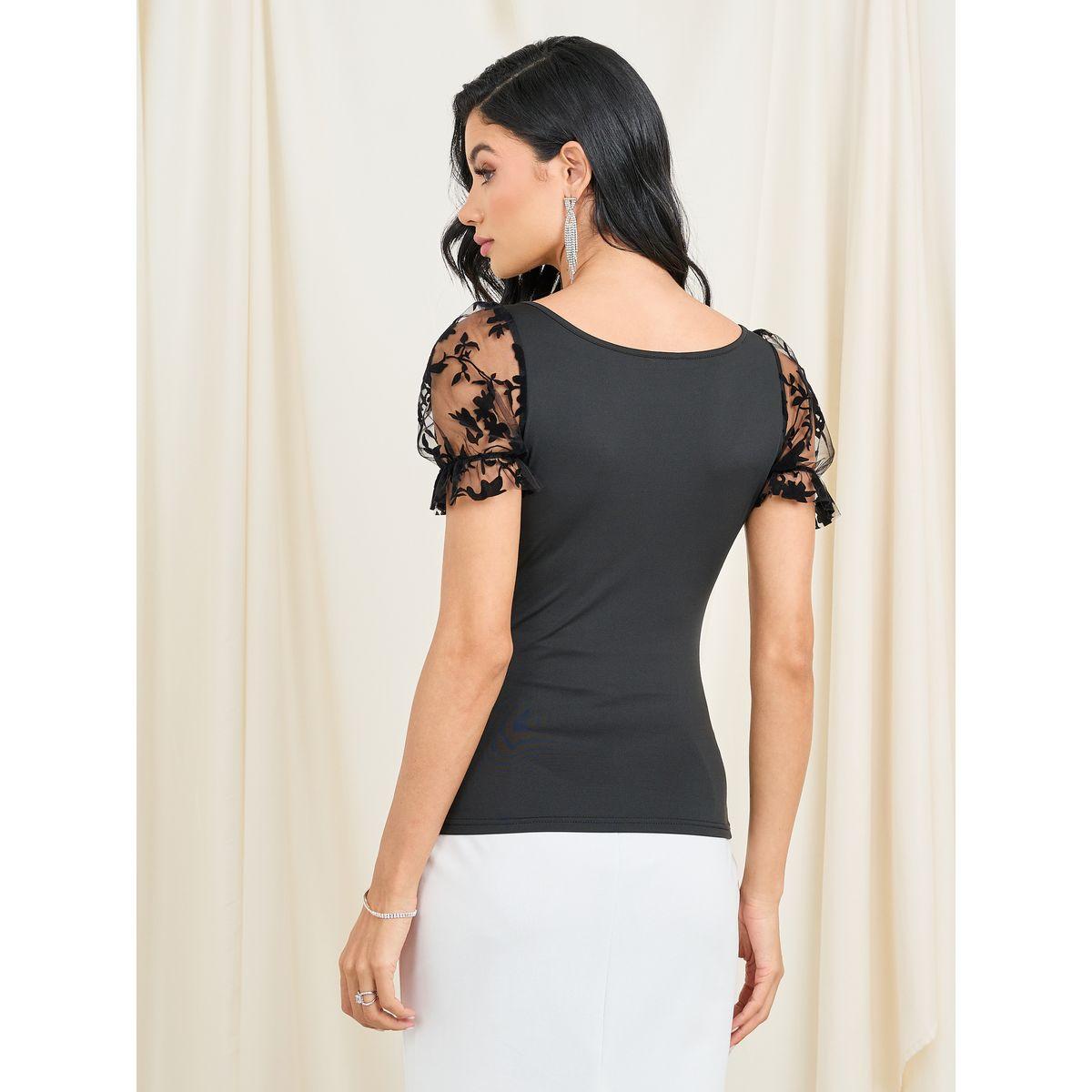 Styli Floral Mesh Insert Sleeves Square Neck Fitted Top-women-clothing-shirtsandblouses-blouses-image-5