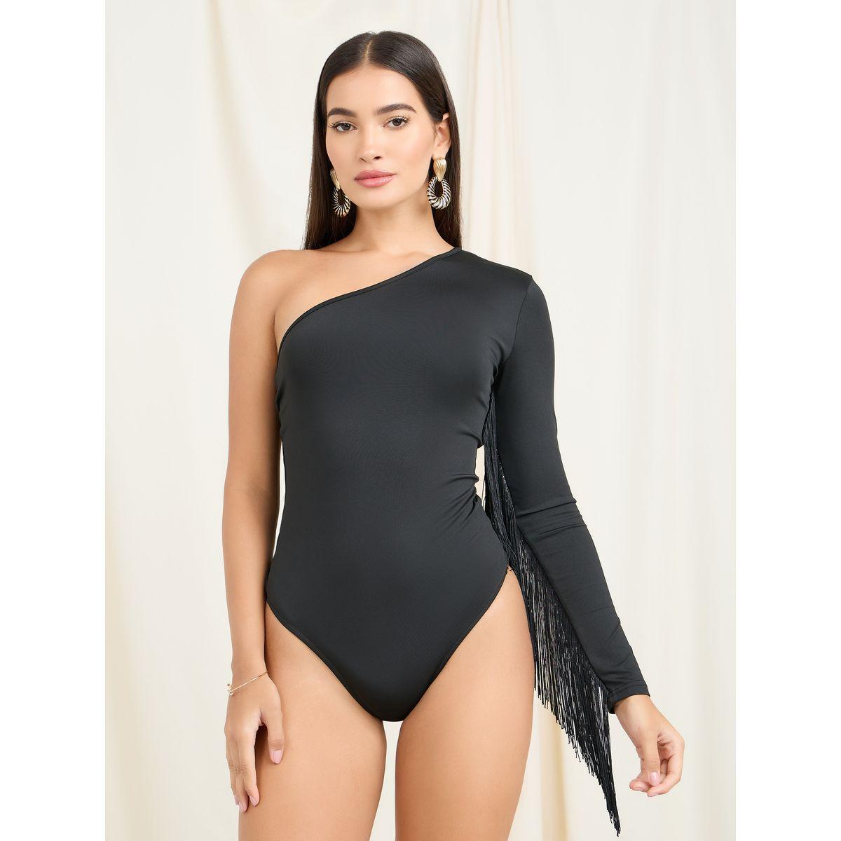 Styli Tassel Detail One Shoulder Sleeves Fitted Bodysuit-women-clothing-tshirts-image-1