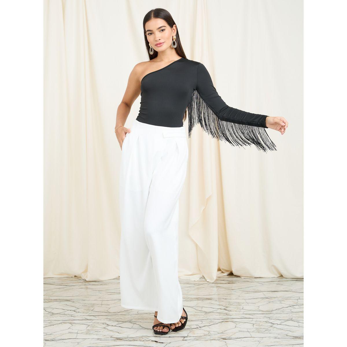 Styli Tassel Detail One Shoulder Sleeves Fitted Bodysuit-women-clothing-tshirts-image-2