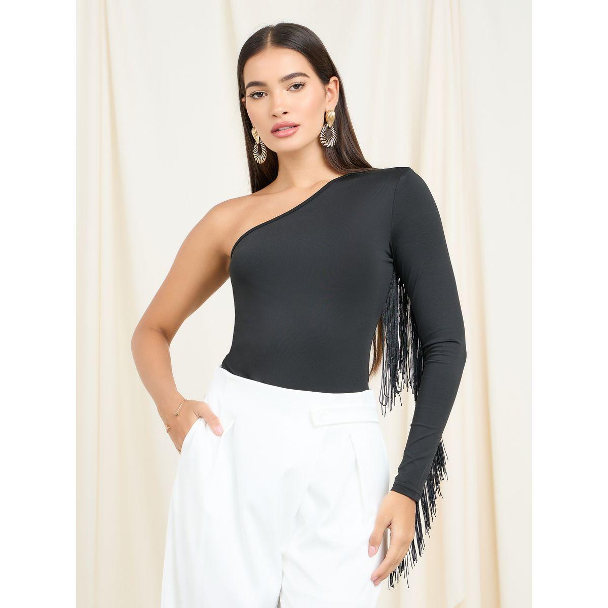 Styli Tassel Detail One Shoulder Sleeves Fitted Bodysuit-women-clothing-tshirts-image-3