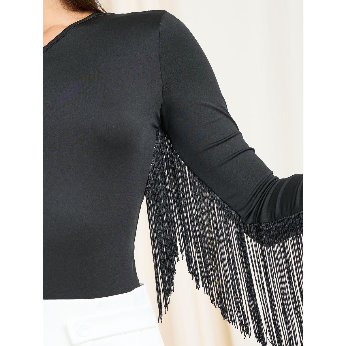 Styli Tassel Detail One Shoulder Sleeves Fitted Bodysuit-women-clothing-tshirts-image-4