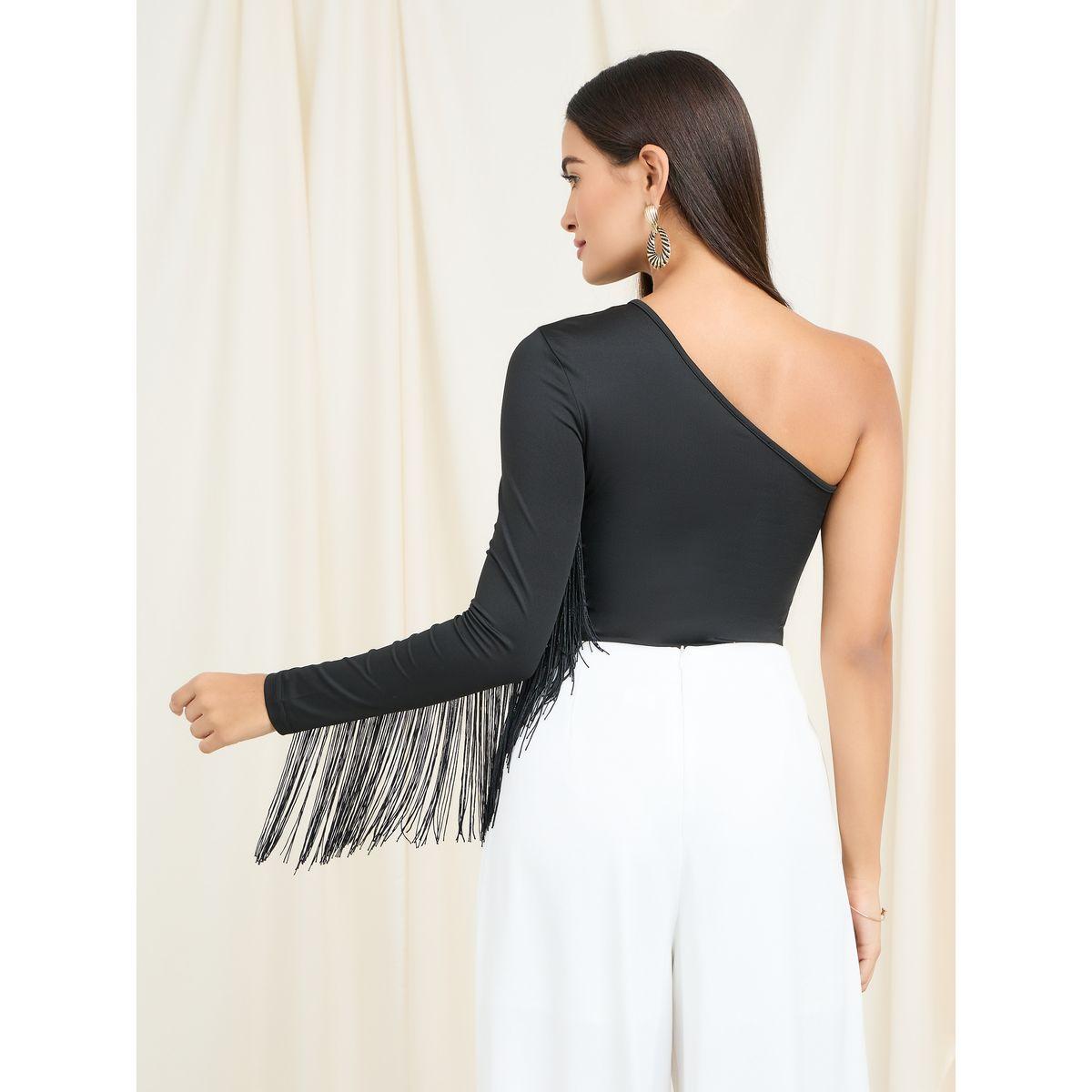 Styli Tassel Detail One Shoulder Sleeves Fitted Bodysuit-women-clothing-tshirts-image-5