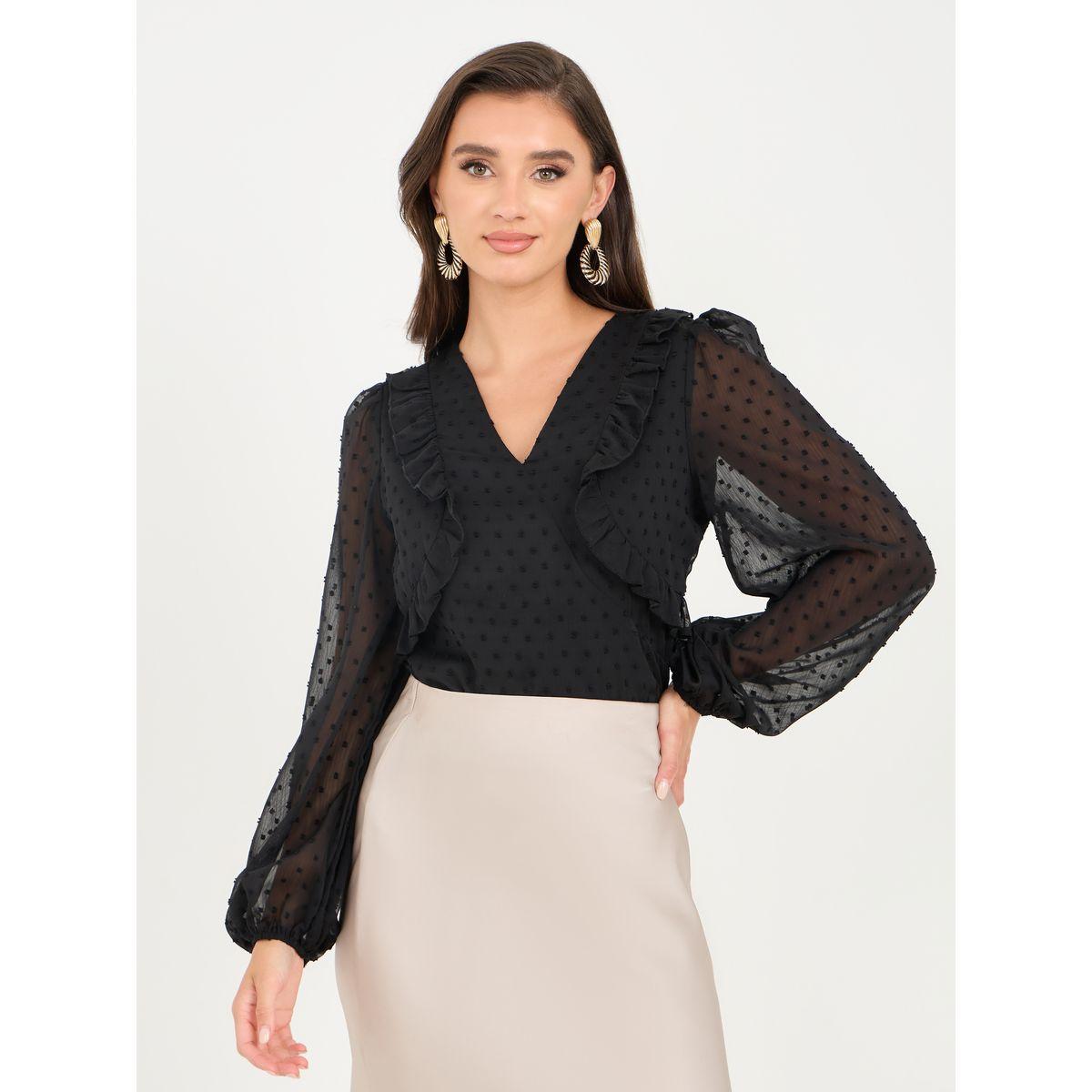 Styli Dobby Ruffle Detail V Neck Blouse-women-clothing-shirtsandblouses-blouses-image-1