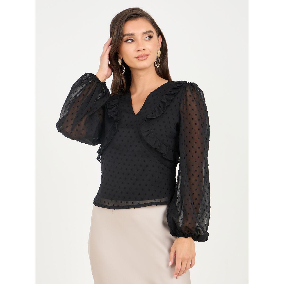 Styli Dobby Ruffle Detail V Neck Blouse-women-clothing-shirtsandblouses-blouses-image-2