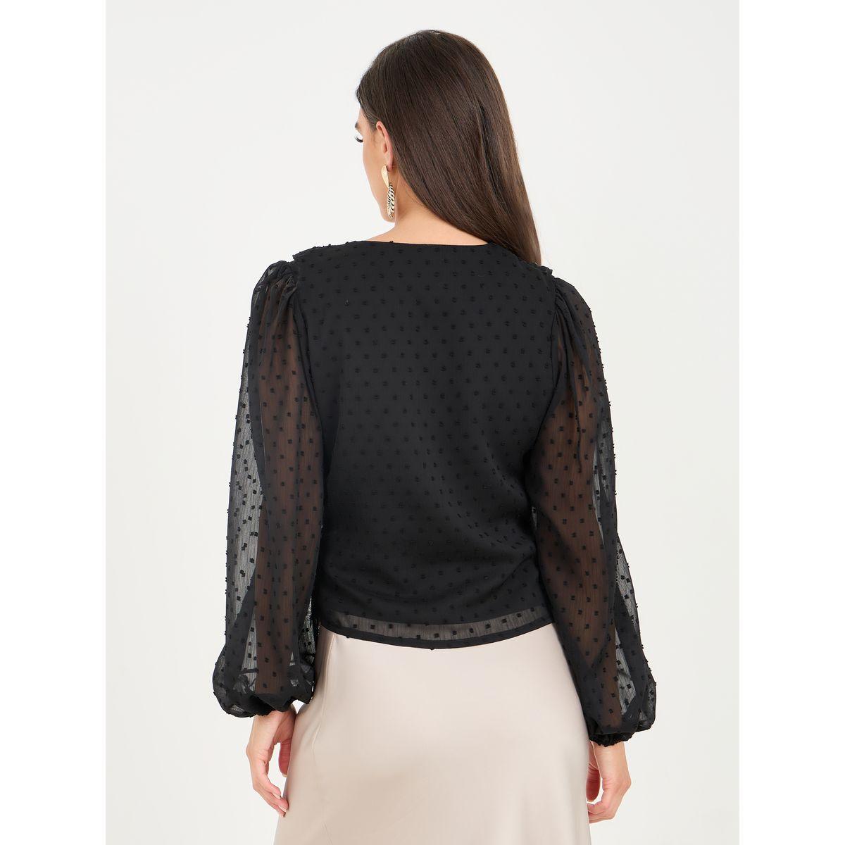 Styli Dobby Ruffle Detail V Neck Blouse-women-clothing-shirtsandblouses-blouses-image-5