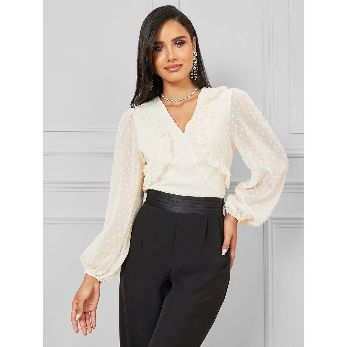 Styli Dobby Ruffle Detail V Neck Blouse-women-clothing-shirtsandblouses-blouses-image-1
