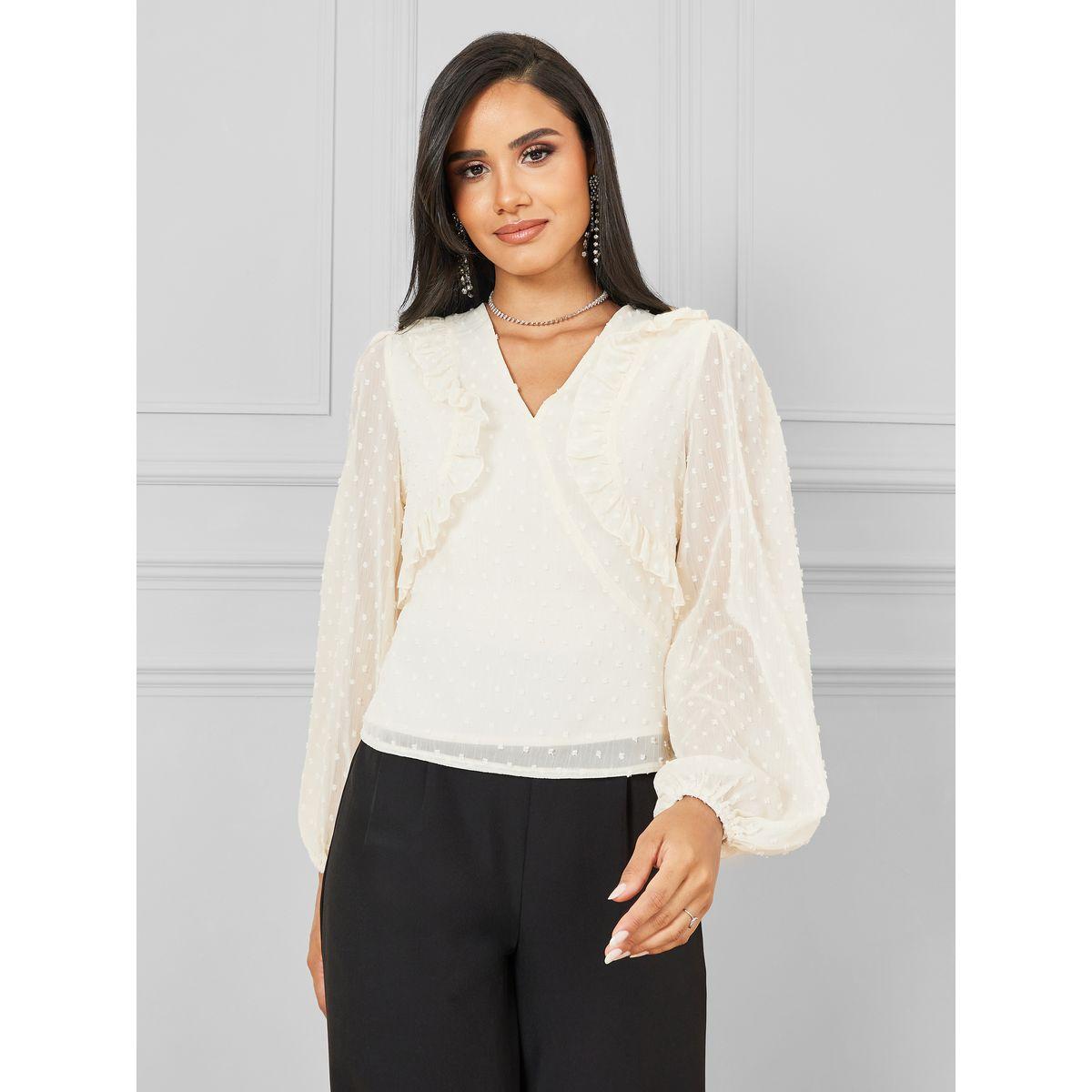 Styli Dobby Ruffle Detail V Neck Blouse-women-clothing-shirtsandblouses-blouses-image-2