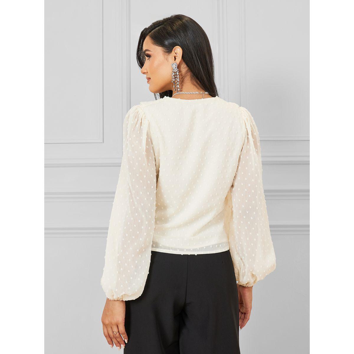 Styli Dobby Ruffle Detail V Neck Blouse-women-clothing-shirtsandblouses-blouses-image-5