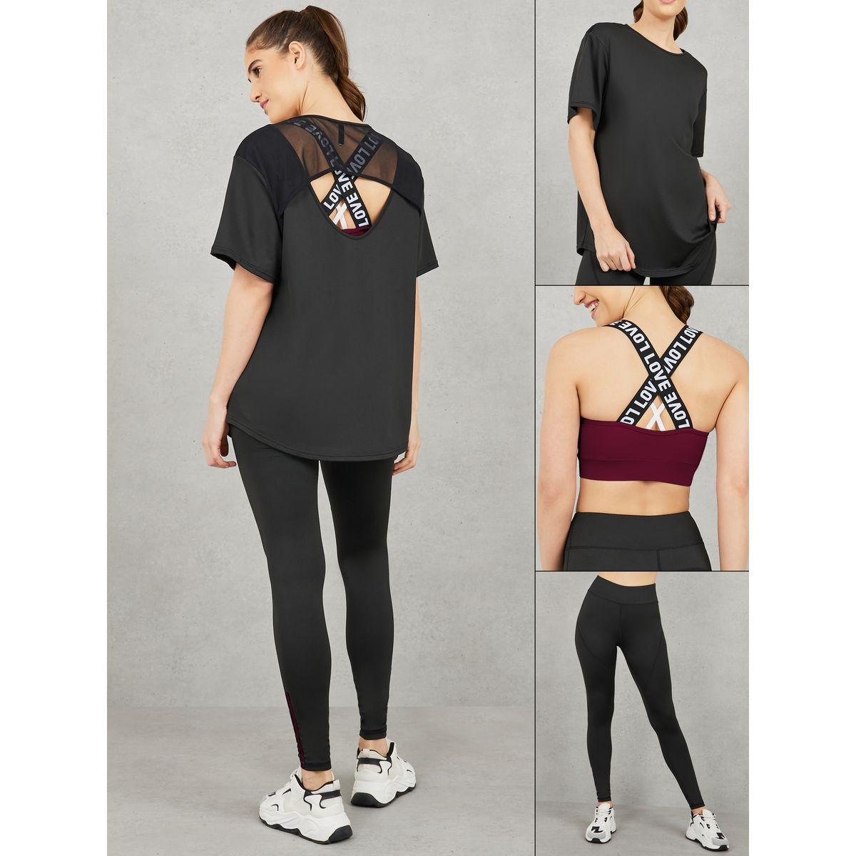 Styli Active Pack of 3 - Mesh Back T-Shirt, Crossback Strap Sports Bra & Stitch Detail Leggings-sports-women-clothing-trackpantsandtracksuits-image-1