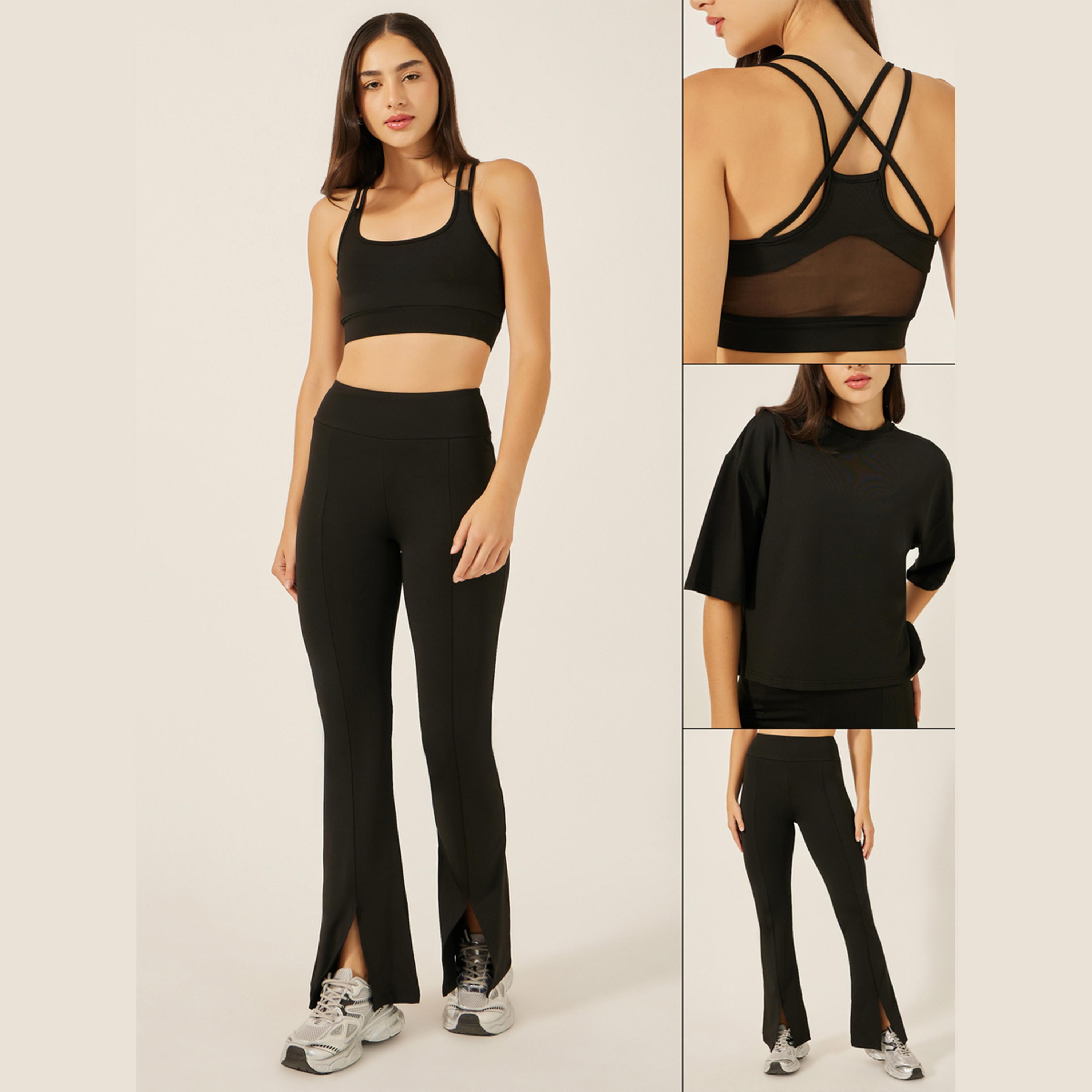Styli Active Pack Of 3 - Boxy Fit Drop Shoulder Crop Top, Multi Strap Sports Bra And Solid Front Slit Pants-women-clothing-sportswearandactivewear-trackpantsandtracksuits-image-1