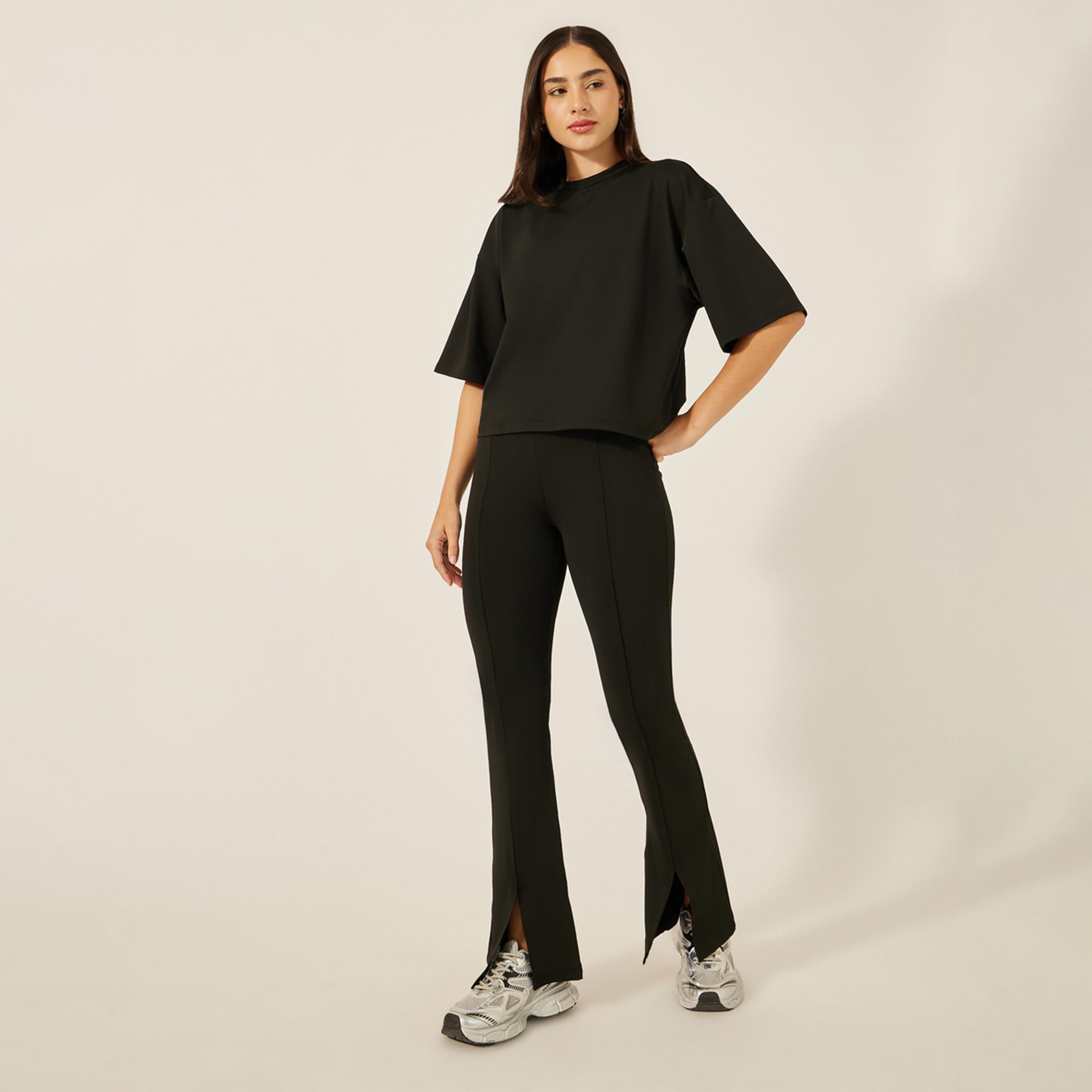 Styli Active Pack Of 3 - Boxy Fit Drop Shoulder Crop Top, Multi Strap Sports Bra And Solid Front Slit Pants-women-clothing-sportswearandactivewear-trackpantsandtracksuits-image-2