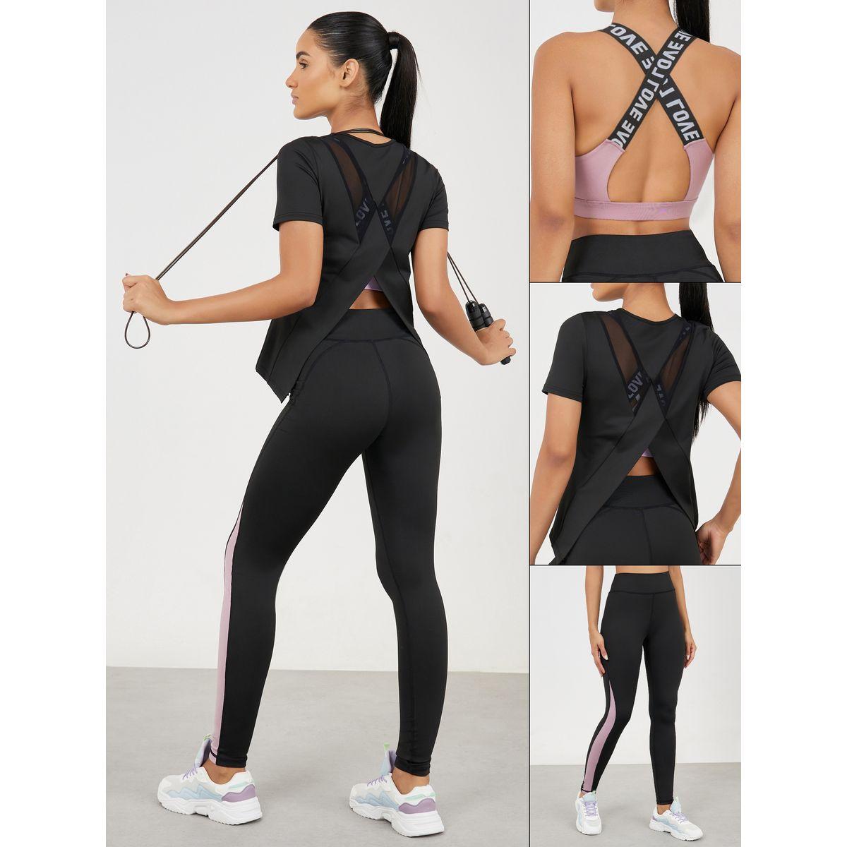 Styli Active Pack of 3 - Mesh Panel Top, Colorblock Sports Bra & Active Leggings-sports-women-clothing-trackpantsandtracksuits-image-1