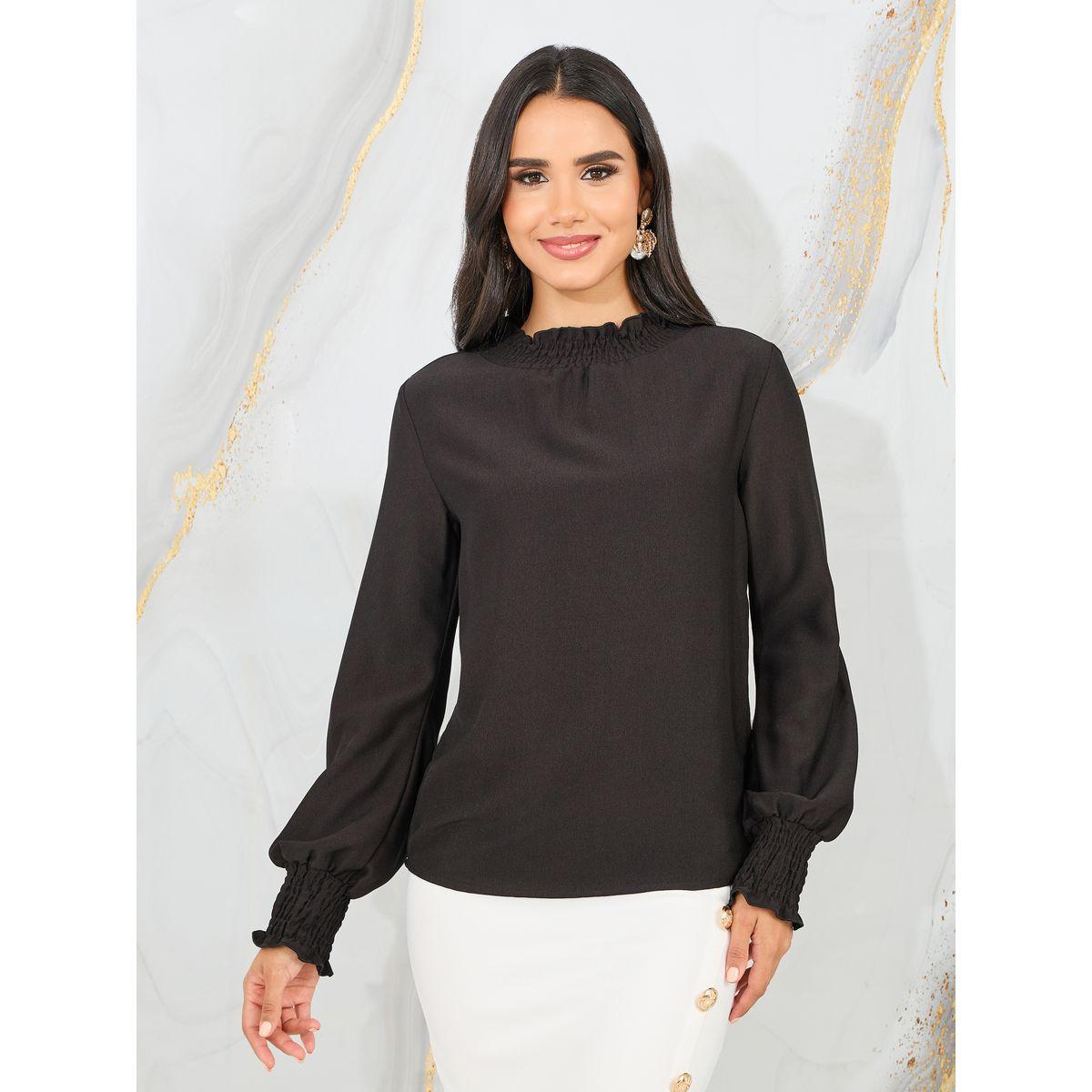 Styli Satin Smocked Detail High Neck Blouse-women-clothing-shirtsandblouses-blouses-image-2