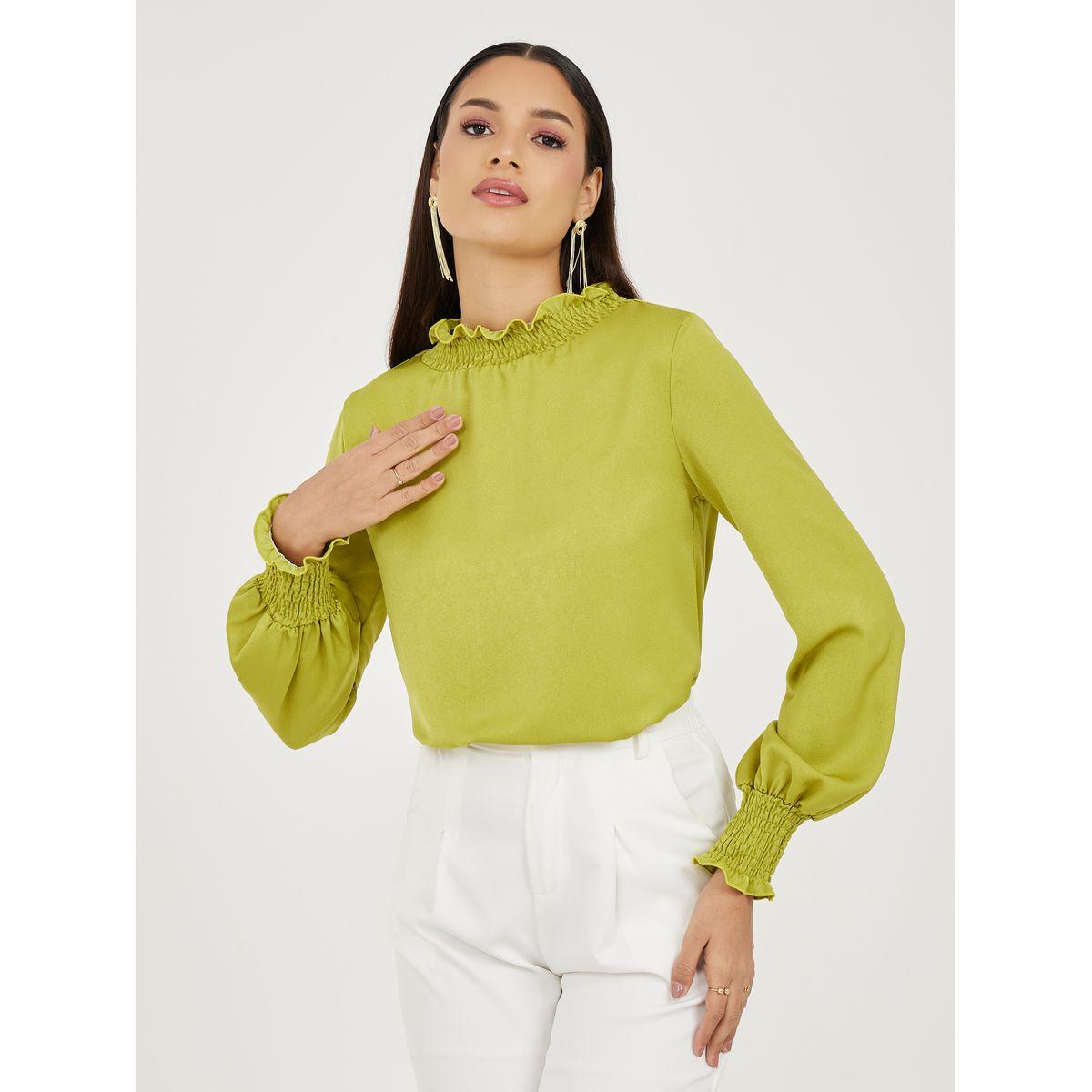Styli Satin Smocked Detail High Neck Blouse-women-clothing-shirtsandblouses-blouses-image-1