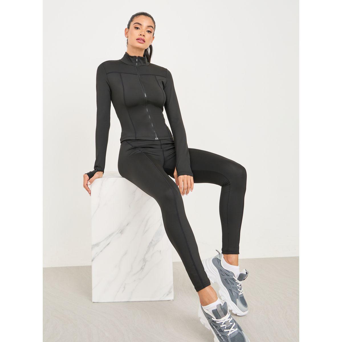 Styli Active Stitch Detail Thumbhole Sleeve Jacket with Zip Closure & Legging Set-sports-women-clothing-trackpantsandtracksuits-image-1
