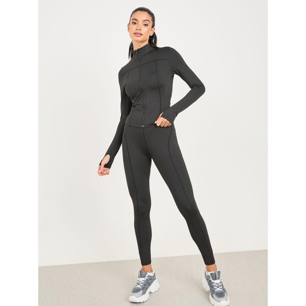 Styli Active Stitch Detail Thumbhole Sleeve Jacket with Zip Closure & Legging Set-sports-women-clothing-trackpantsandtracksuits-image-6