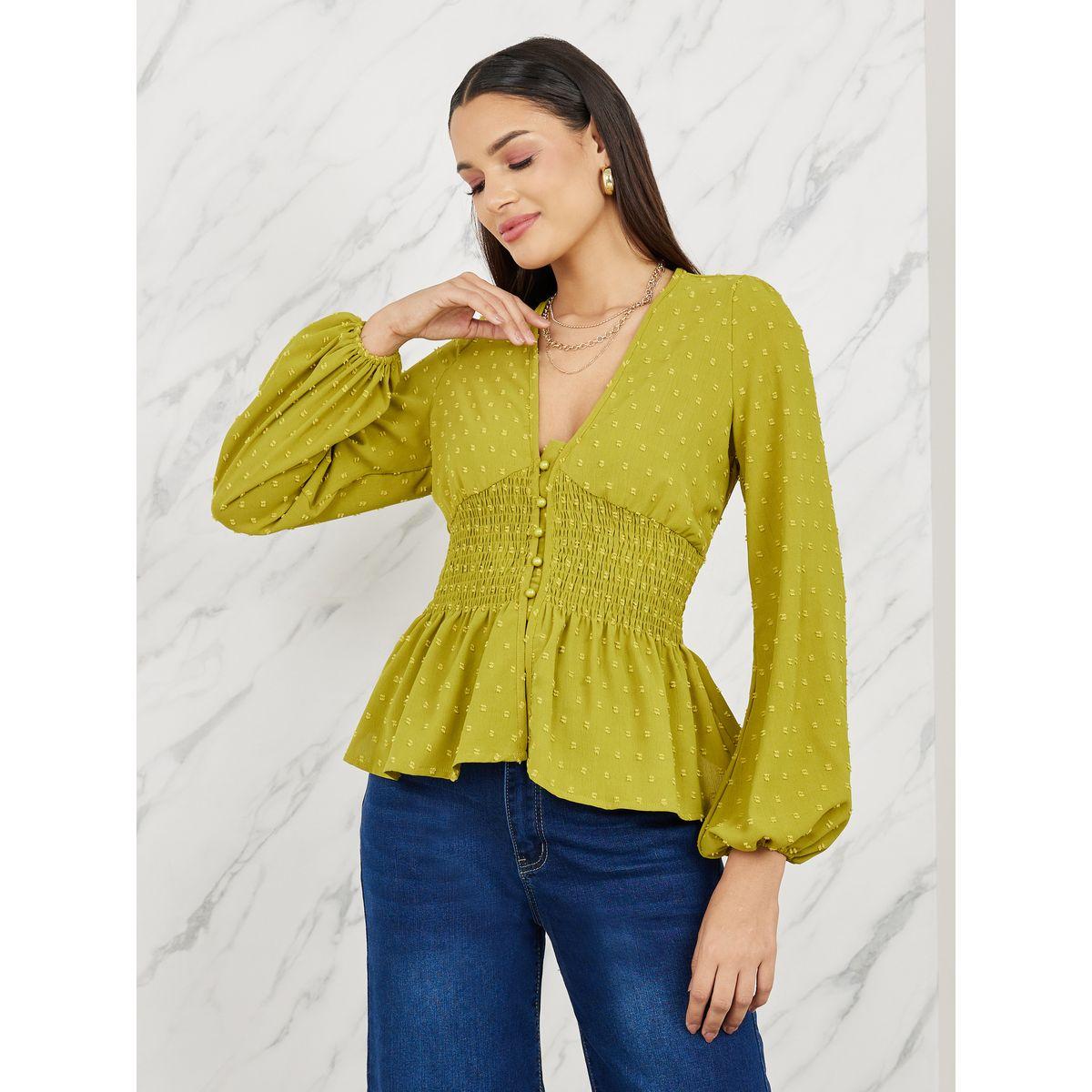 Styli Dobby Smocked Detail Button Closure Blouse-women-clothing-shirtsandblouses-blouses-image-1
