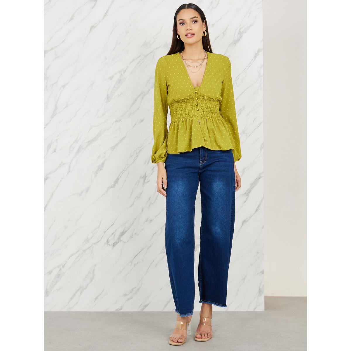 Styli Dobby Smocked Detail Button Closure Blouse-women-clothing-shirtsandblouses-blouses-image-2