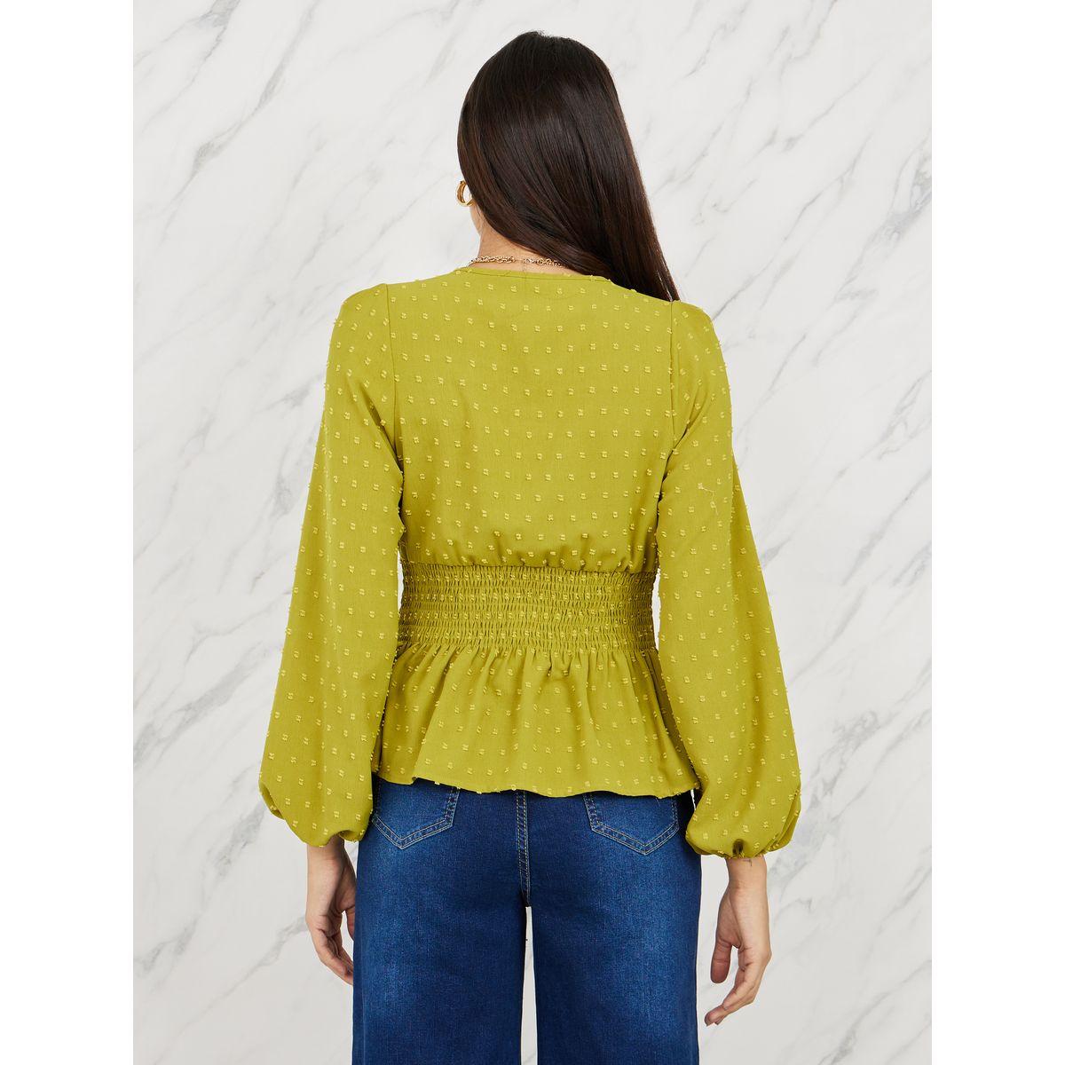 Styli Dobby Smocked Detail Button Closure Blouse-women-clothing-shirtsandblouses-blouses-image-4
