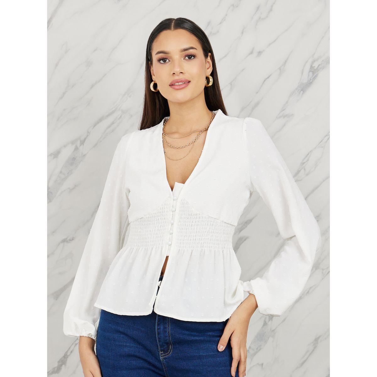 Styli Dobby Smocked Detail Button Closure Blouse-women-clothing-shirtsandblouses-blouses-image-1