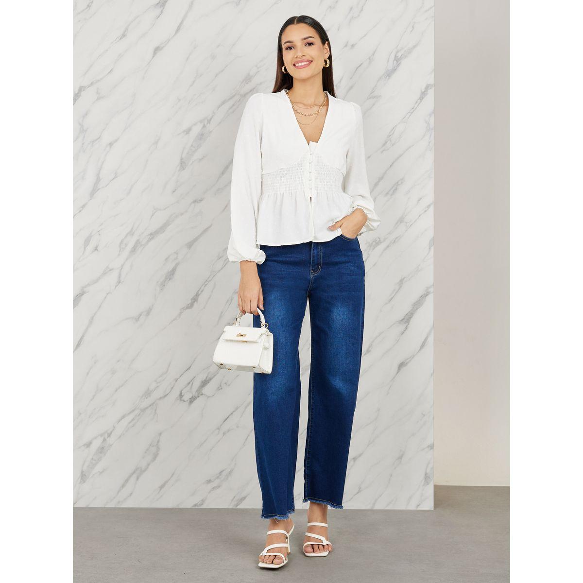 Styli Dobby Smocked Detail Button Closure Blouse-women-clothing-shirtsandblouses-blouses-image-2