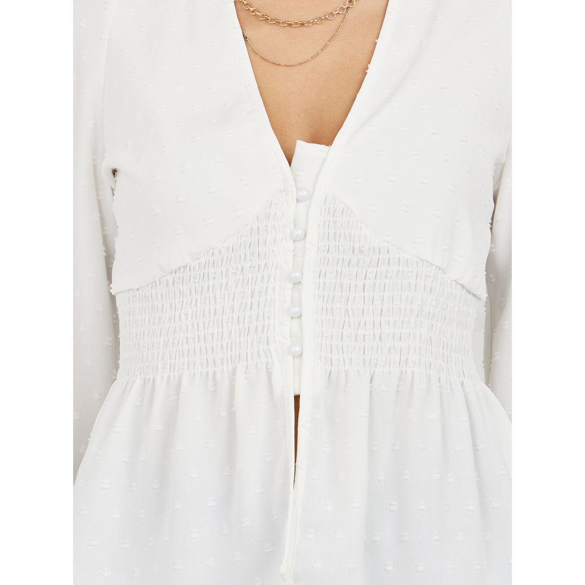 Styli Dobby Smocked Detail Button Closure Blouse-women-clothing-shirtsandblouses-blouses-image-3