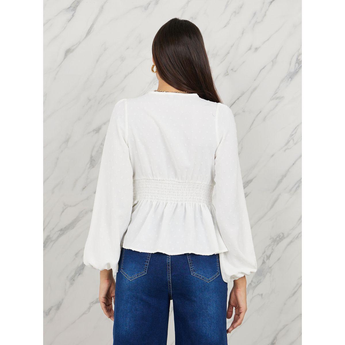Styli Dobby Smocked Detail Button Closure Blouse-women-clothing-shirtsandblouses-blouses-image-4