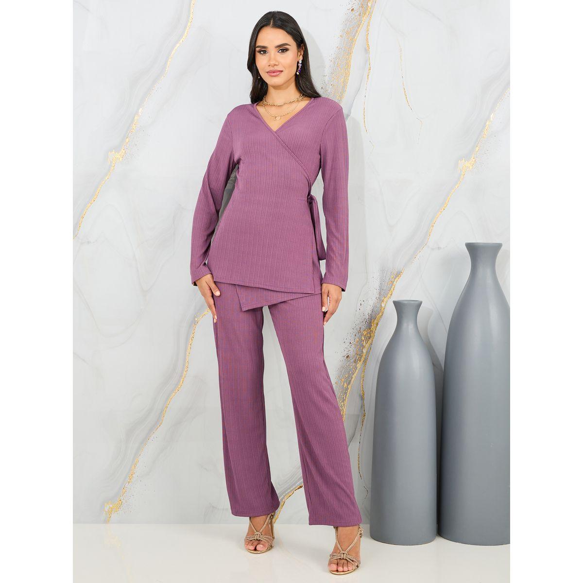 Styli Textured Wrap Top and Straight Leg Pant Set-women-clothing-coordsets-image-1