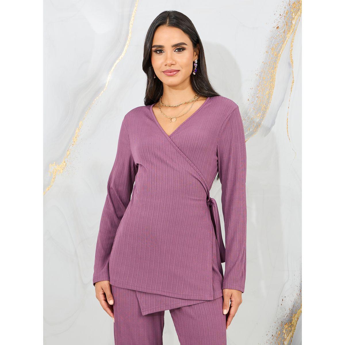 Styli Textured Wrap Top and Straight Leg Pant Set-women-clothing-coordsets-image-2