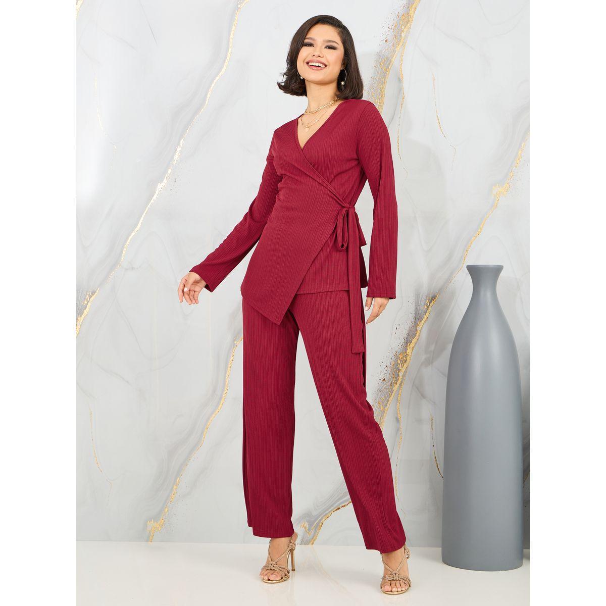 Styli Textured Longline Wrap Top and Straight Leg Pant Set-women-clothing-coordsets-image-1