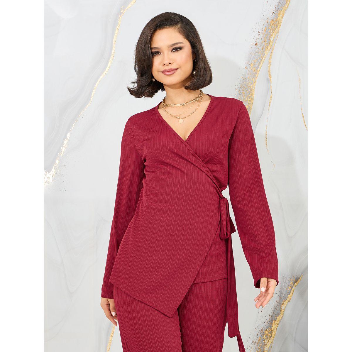 Styli Textured Longline Wrap Top and Straight Leg Pant Set-women-clothing-coordsets-image-2