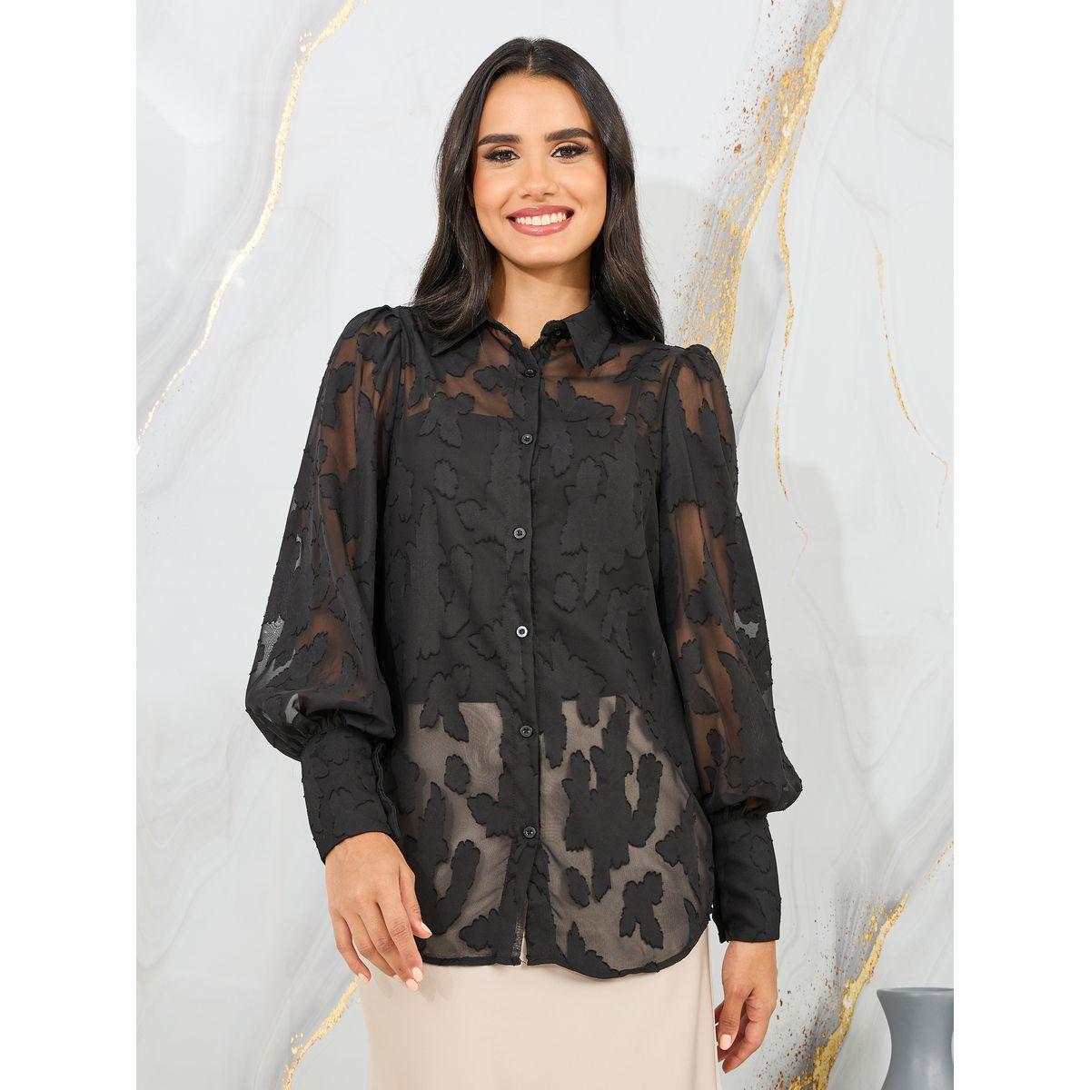بلوزة بتفاصيل بارزة الملمس مع اكمام بيششوب-women-clothing-shirtsandblouses-shirts-image-2