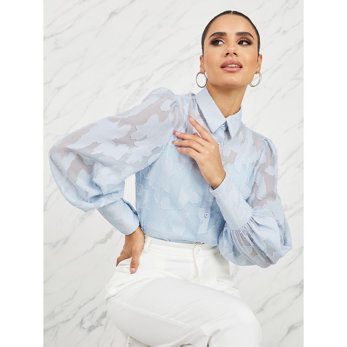 Styli Sheer Burnout Texture Bishop Sleeves Shirt-women-clothing-shirtsandblouses-shirts-image-1