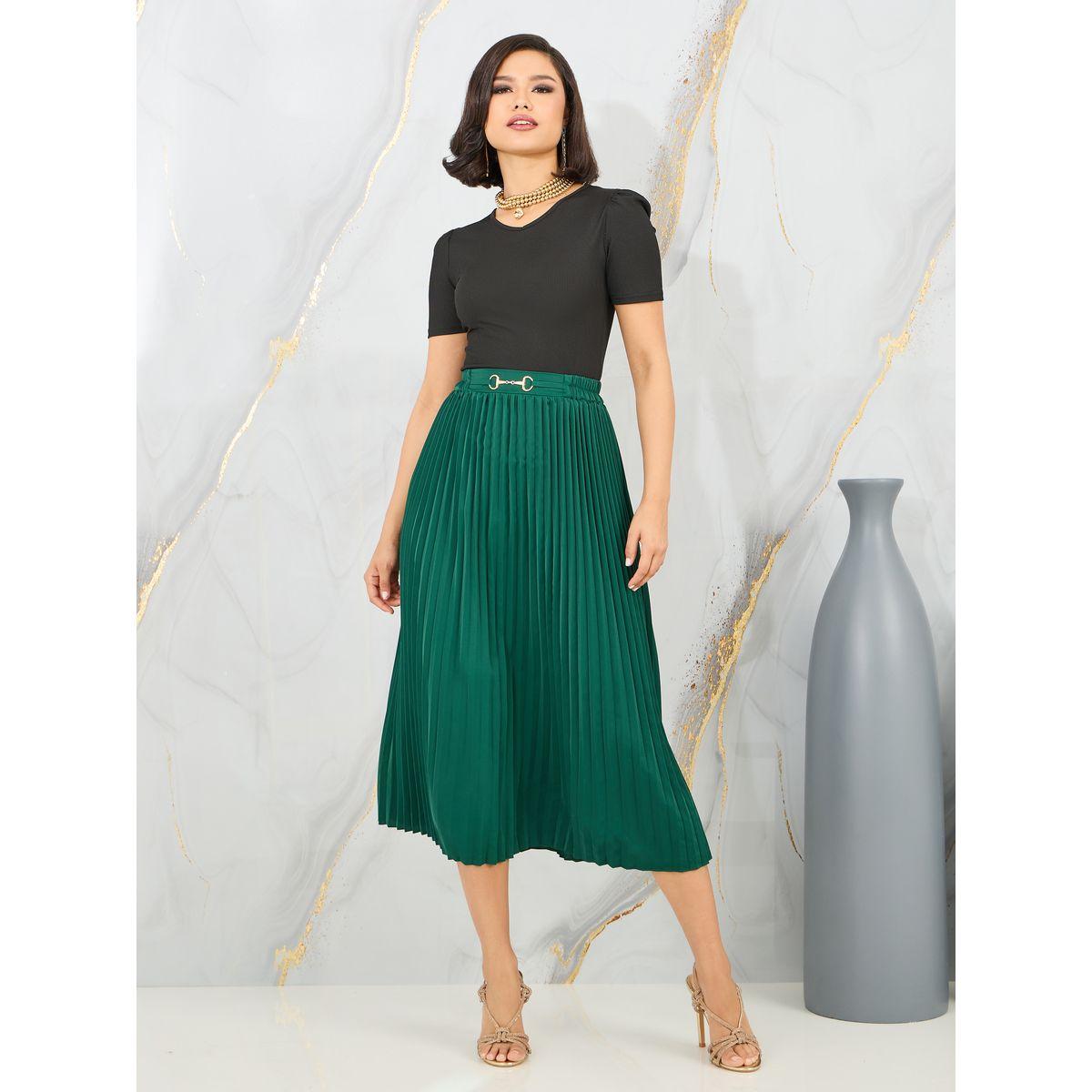 مجموعة من تنورة ميدي بكسرات مع بلوزة سادة-women-clothing-coordsets-image-1