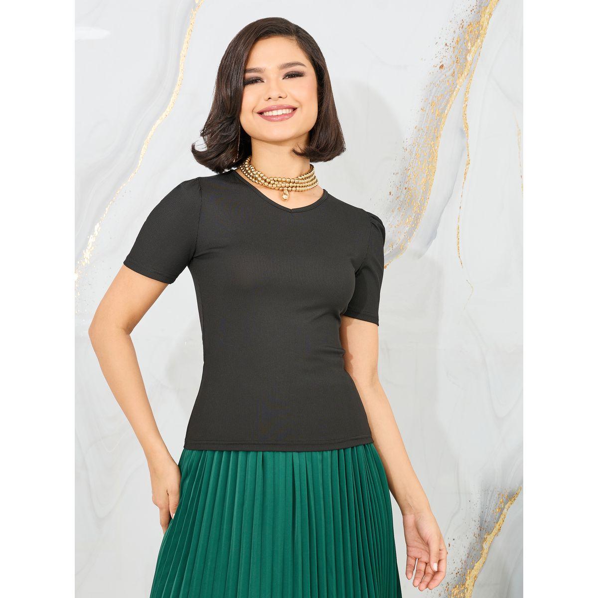 مجموعة من تنورة ميدي بكسرات مع بلوزة سادة-women-clothing-coordsets-image-2