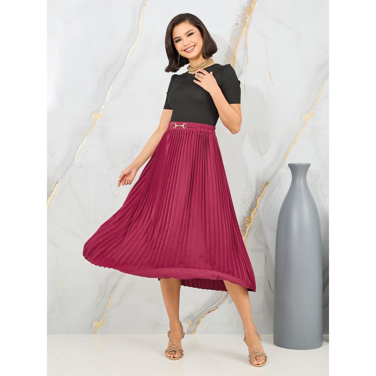 مجموعة من تنورة ميدي بكسرات مع بلوزة سادة-women-clothing-coordsets-image-1