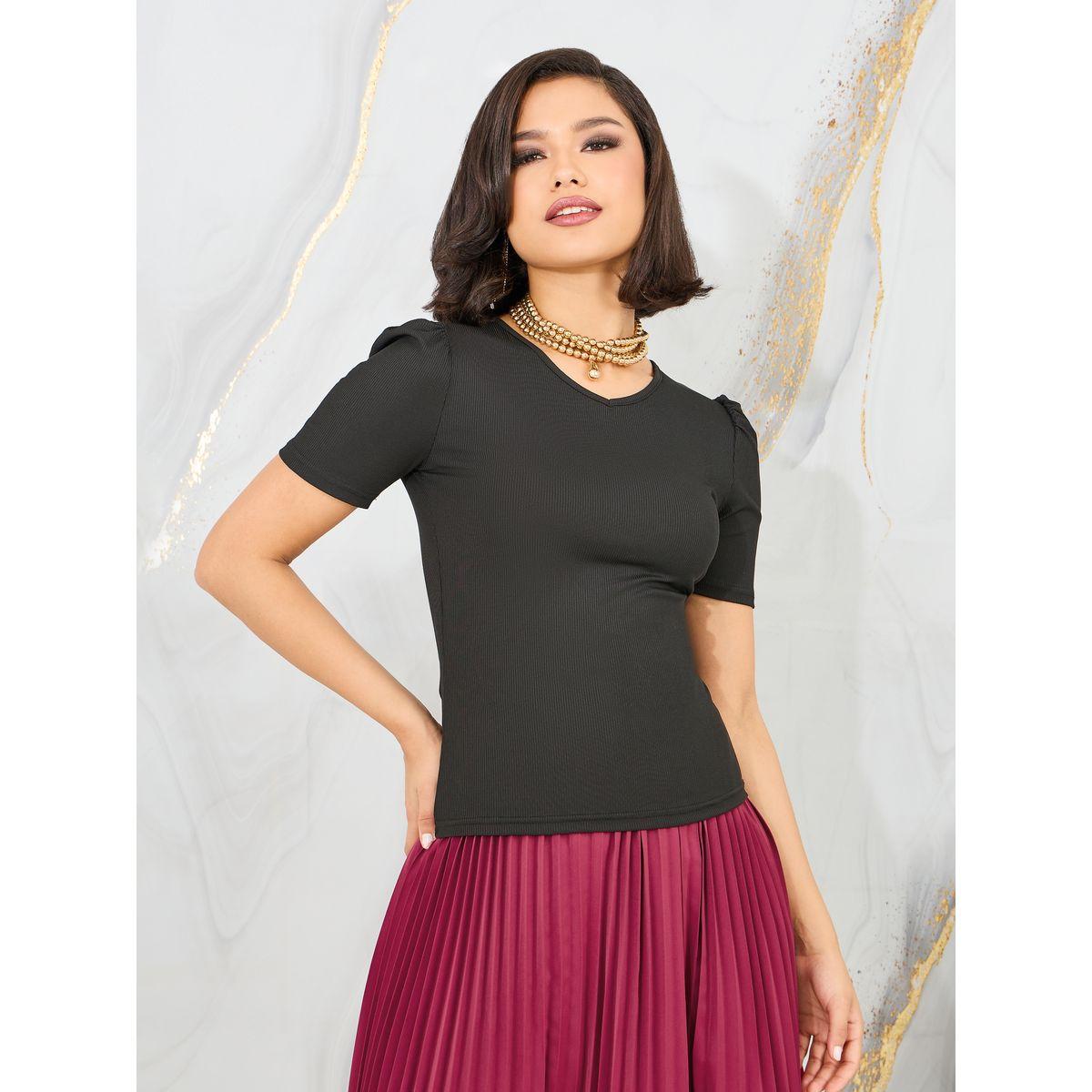 Styli Solid Fitted Top and Pleated Midi Skirt Set-women-clothing-coordsets-image-2