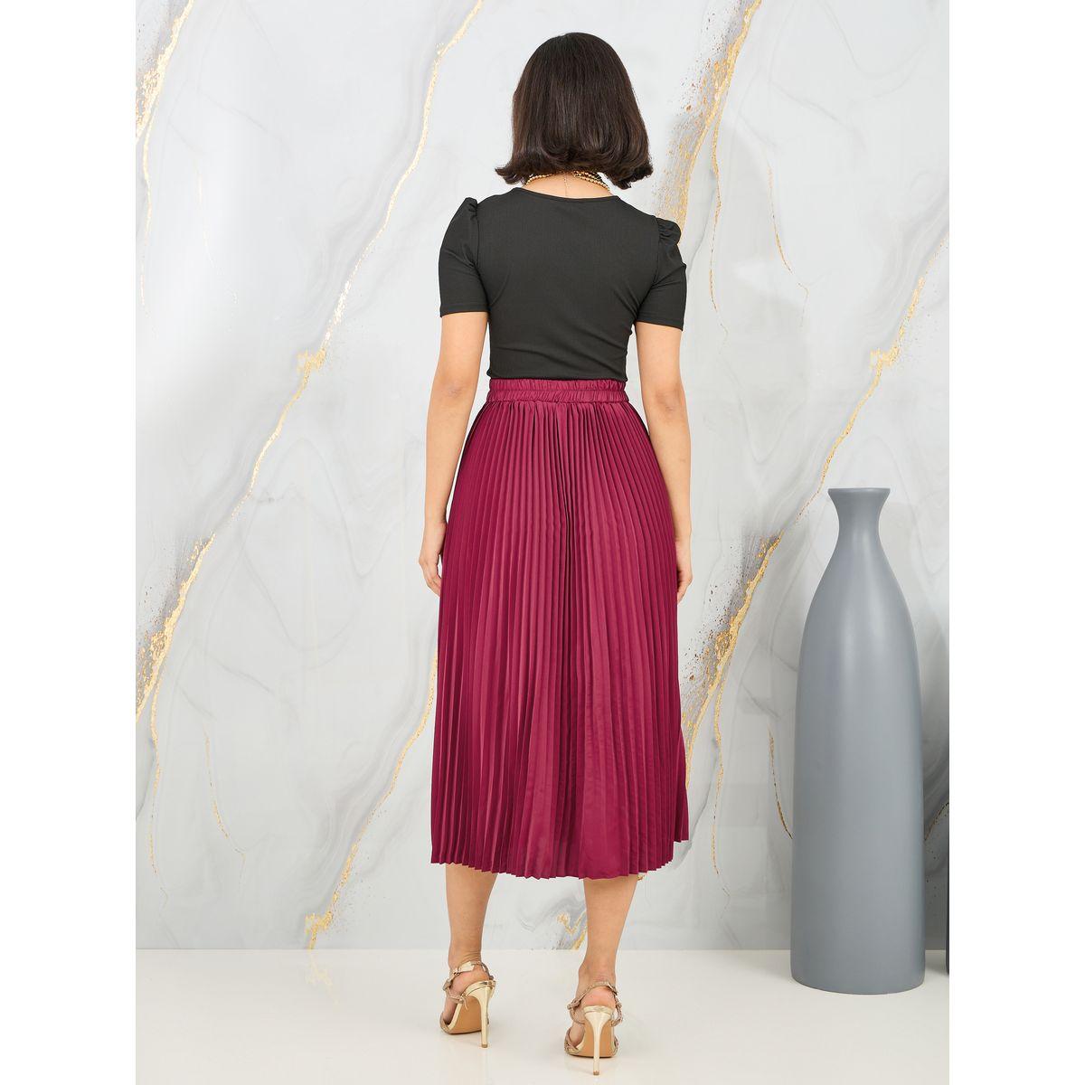 مجموعة من تنورة ميدي بكسرات مع بلوزة سادة-women-clothing-coordsets-image-5