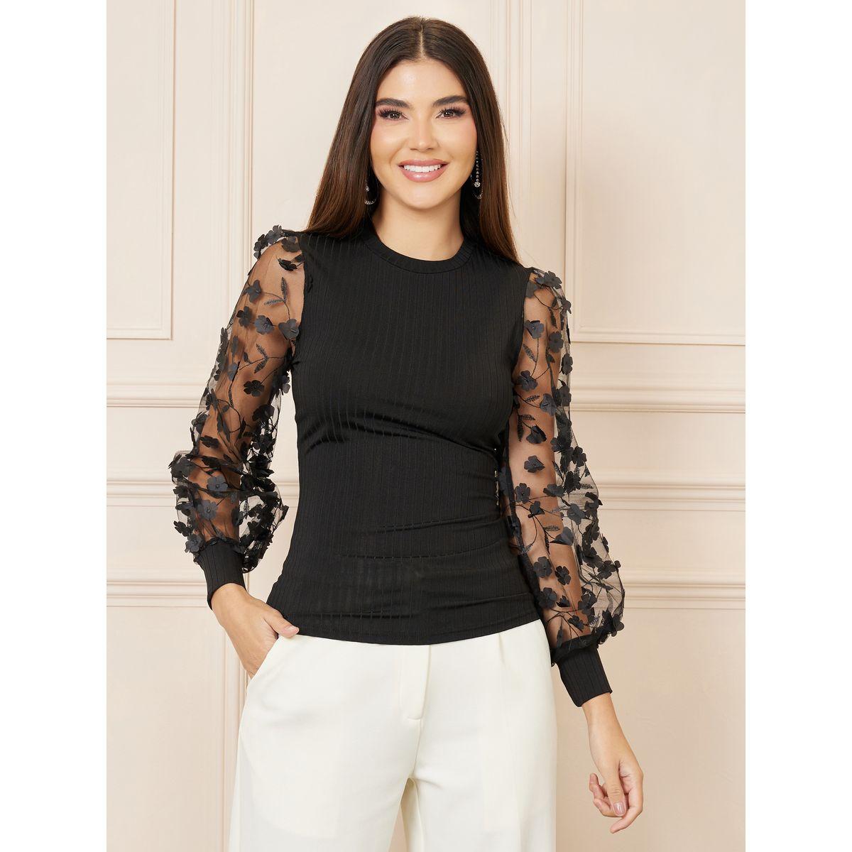 Styli Floral Applique Sheer Sleeves Ribbed Knit Top-women-clothing-shirtsandblouses-blouses-image-2