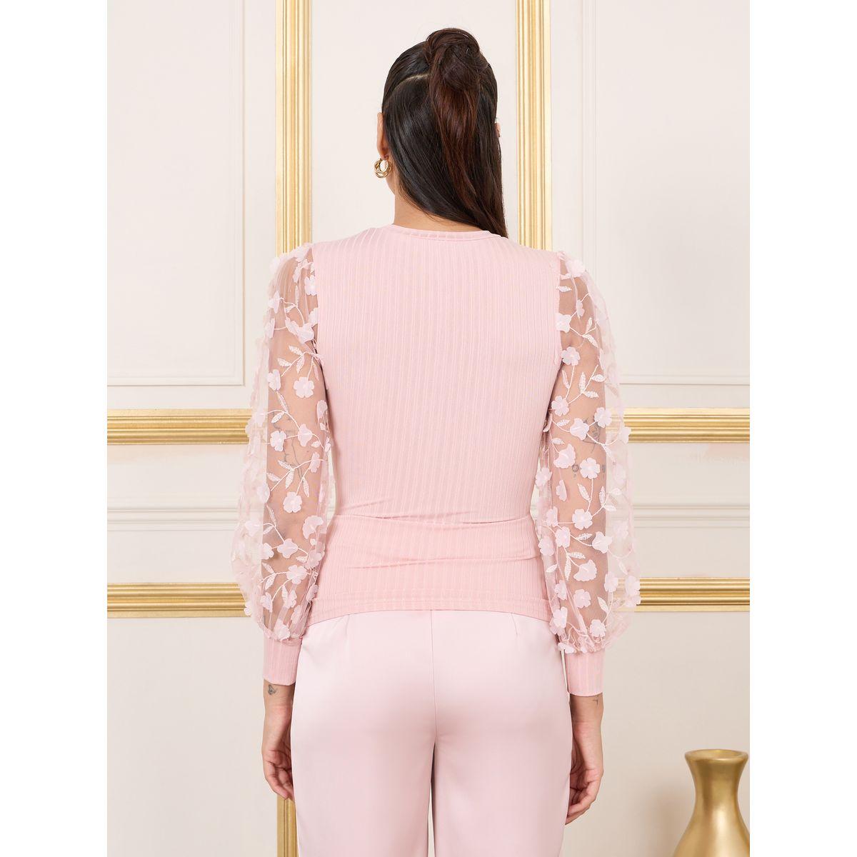 Styli Floral Applique Sheer Sleeves Ribbed Knit Top-women-clothing-shirtsandblouses-blouses-image-5