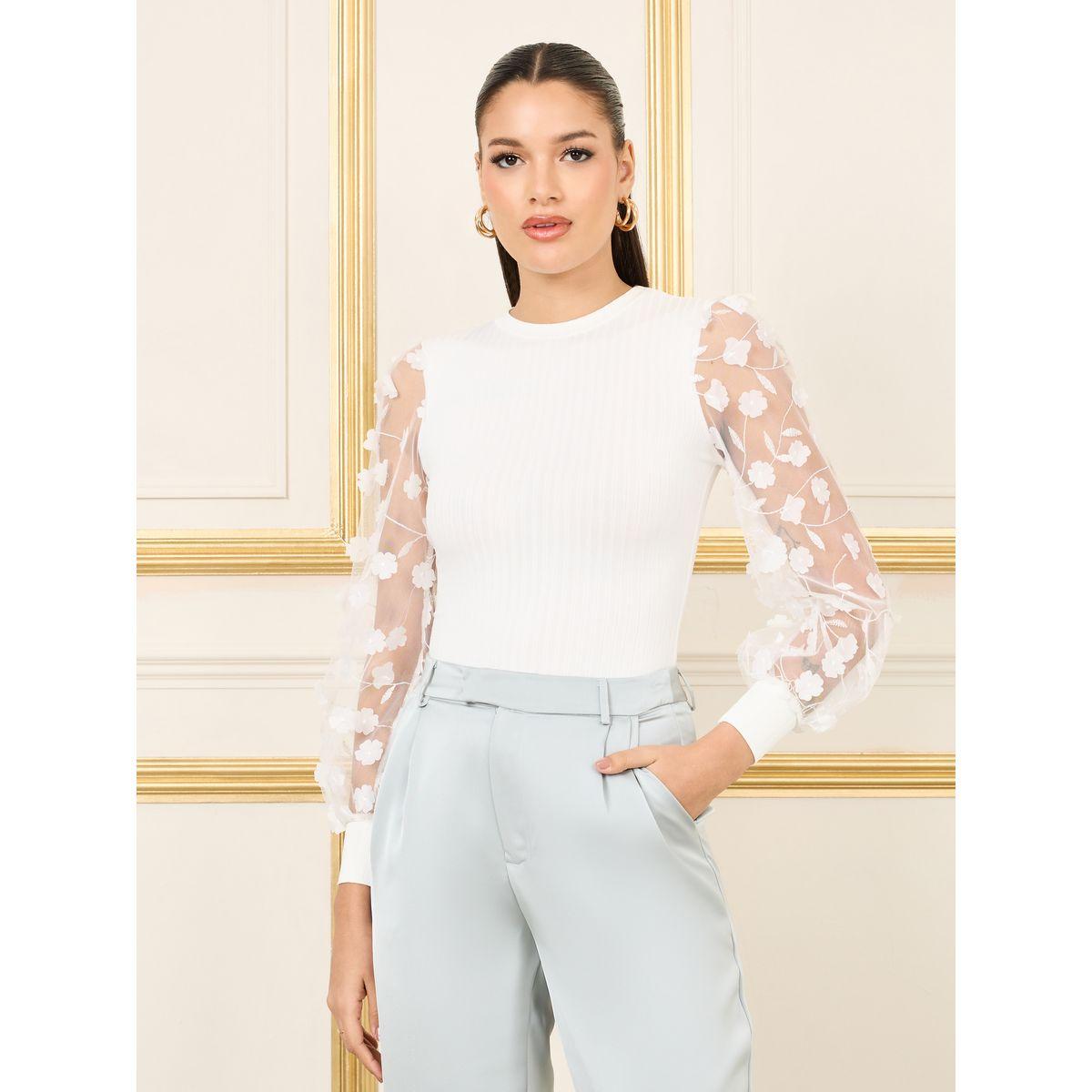 Styli Floral Applique Sheer Sleeves Ribbed Knit Top-women-clothing-shirtsandblouses-blouses-image-1