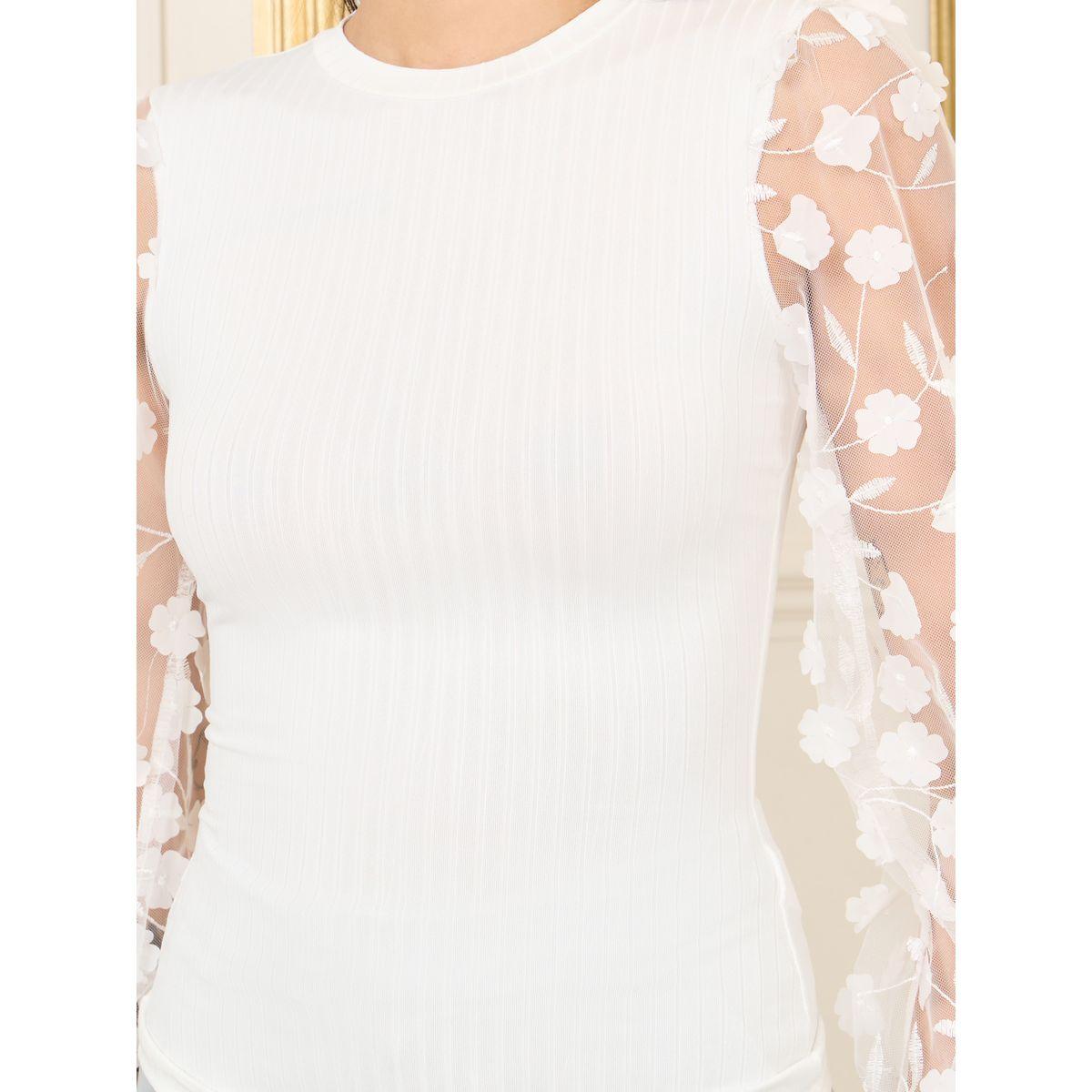 Styli Floral Applique Sheer Sleeves Ribbed Knit Top-women-clothing-shirtsandblouses-blouses-image-4